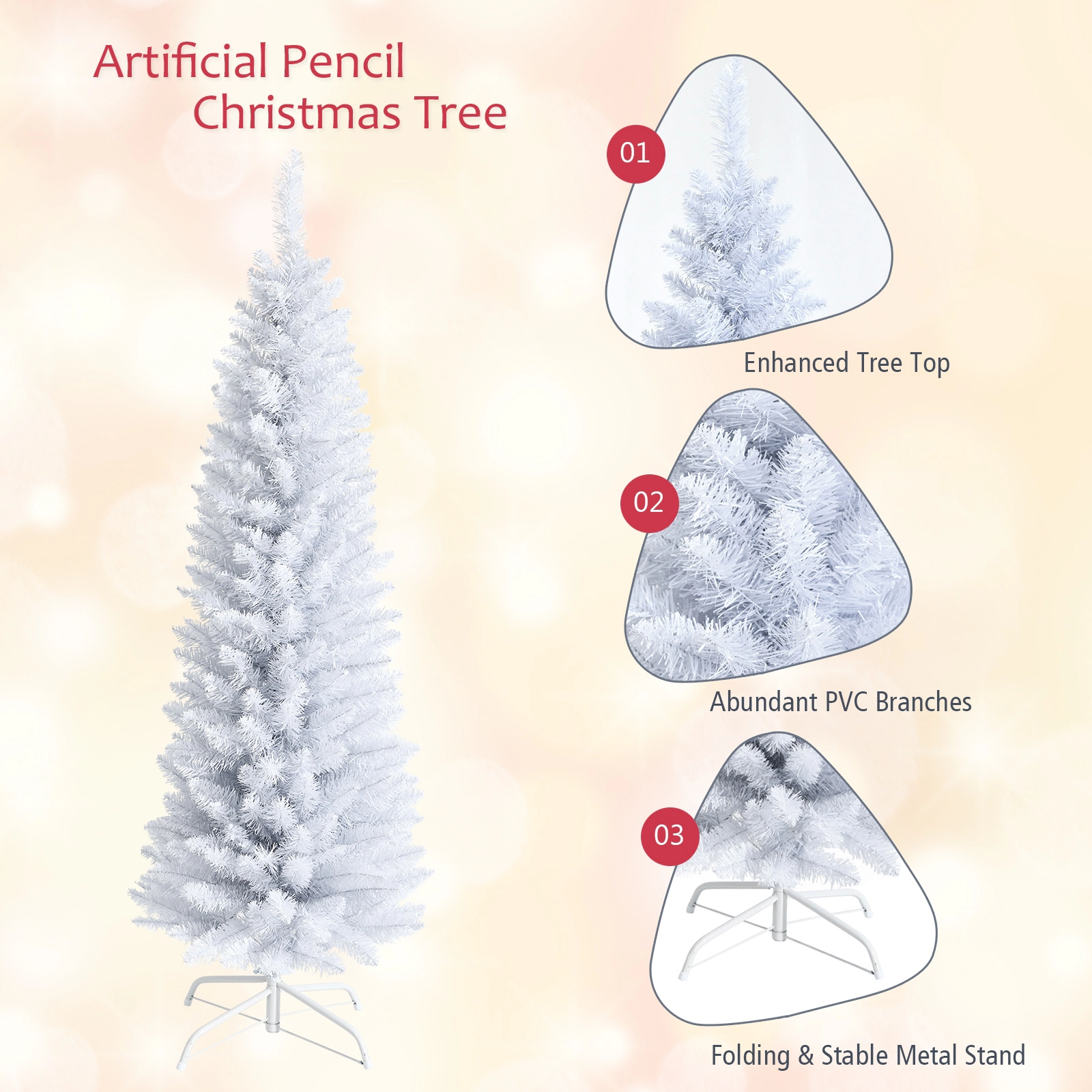 SUGIFT 5-ft White Slim Pencil Artificial Christmas Tree with 240 PVC Branch Tips and Folding Metal Stand