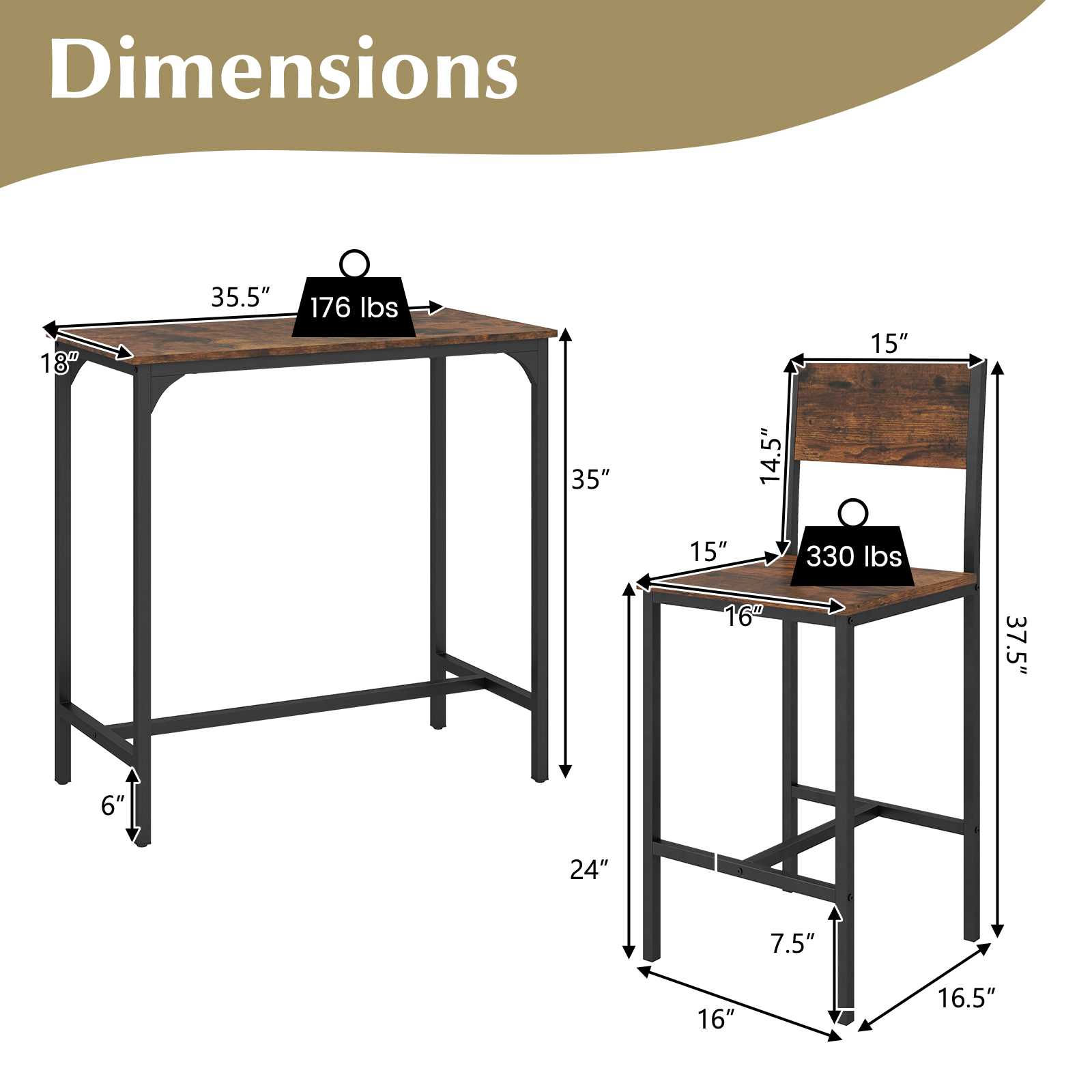 SUGIFT 3-Piece Rustic Brown Bar Table Set, 35.5-in Table with 2 Backrest Chairs