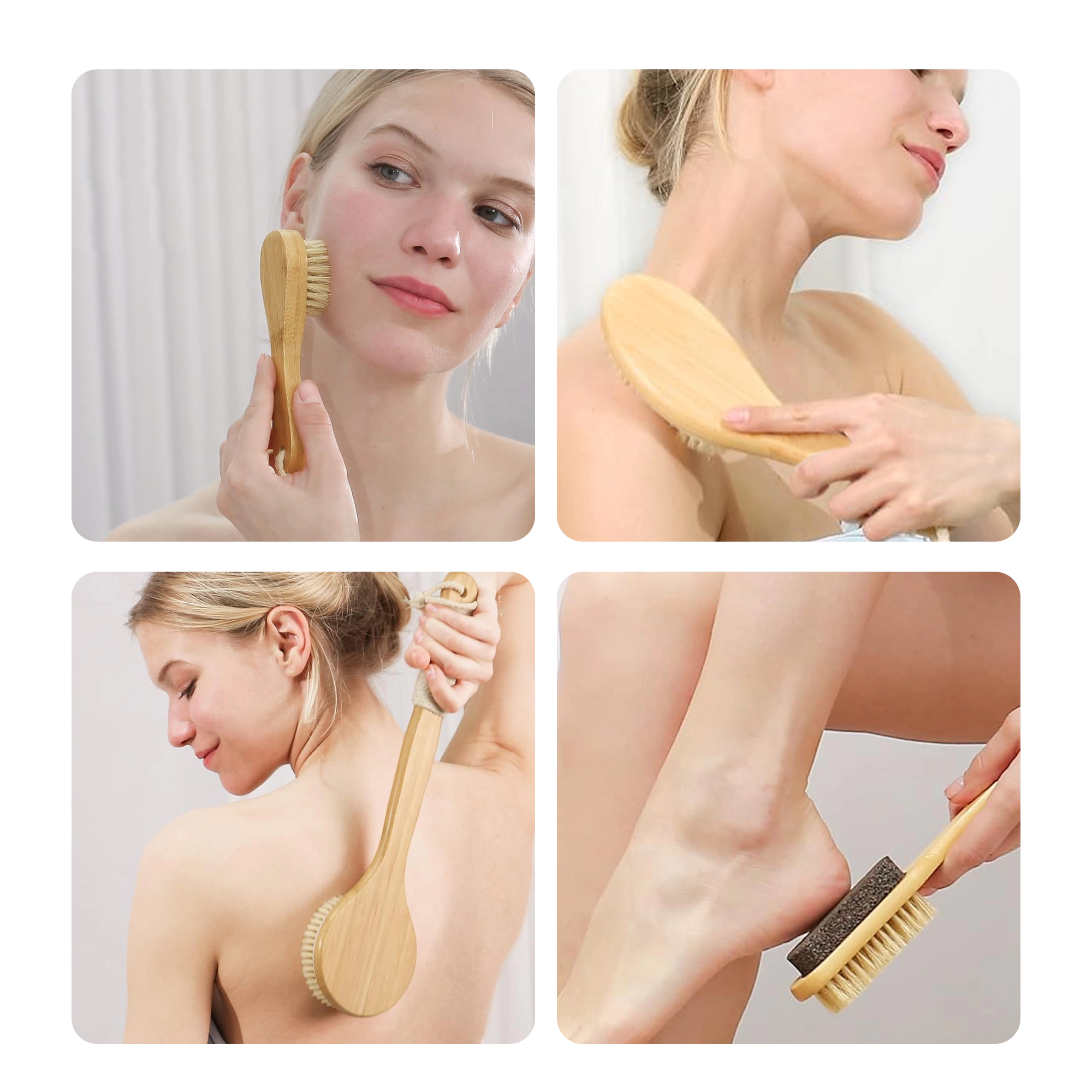 Cheer Collection 4 Piece Natural Bristle Shower Brush Set for Wet and Dry Body Exfoliation