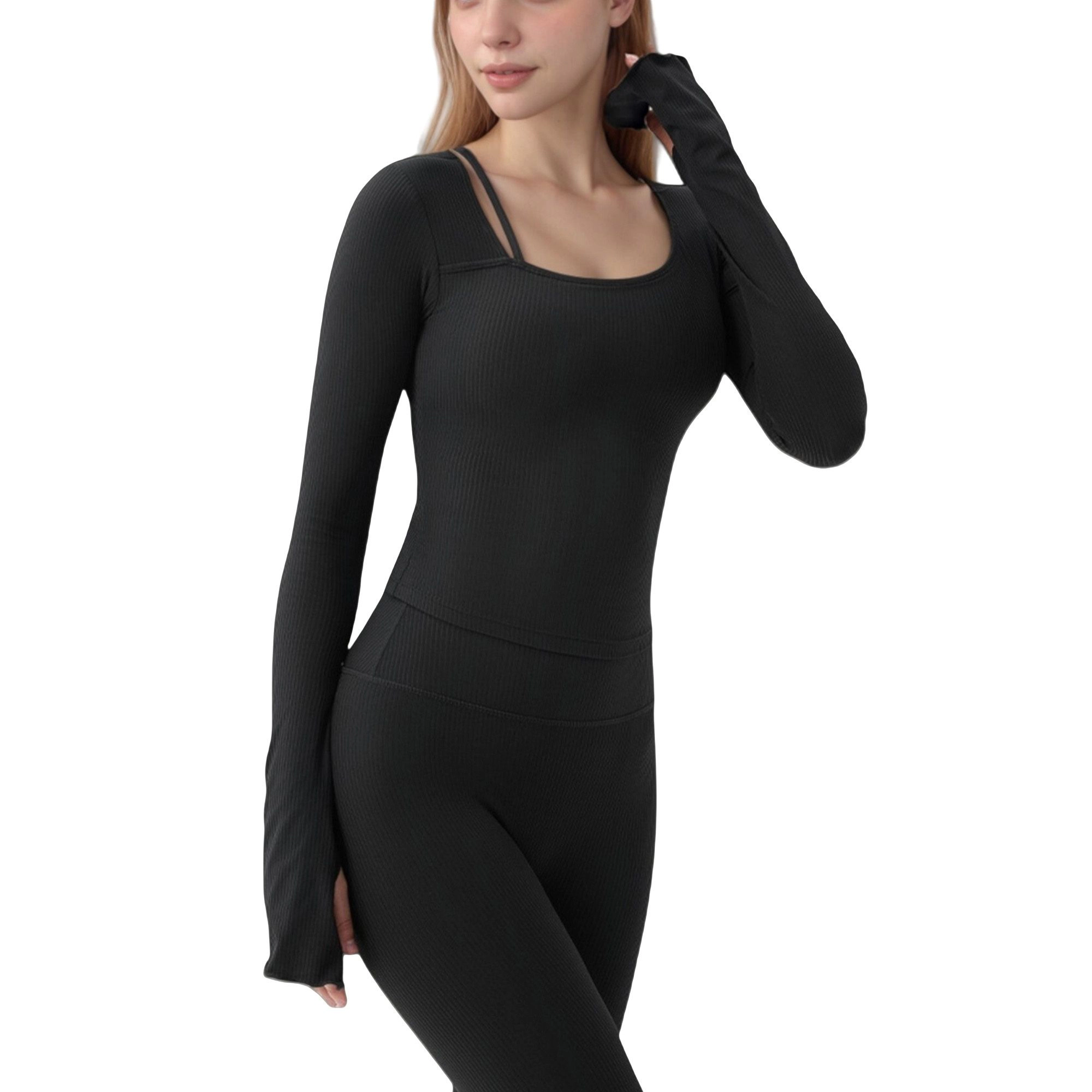 Anna-Kaci Women's Long Sleeve Ribbed Knit Fitted Top with Asymmetrical Neckline and Thumbhole Cuffs