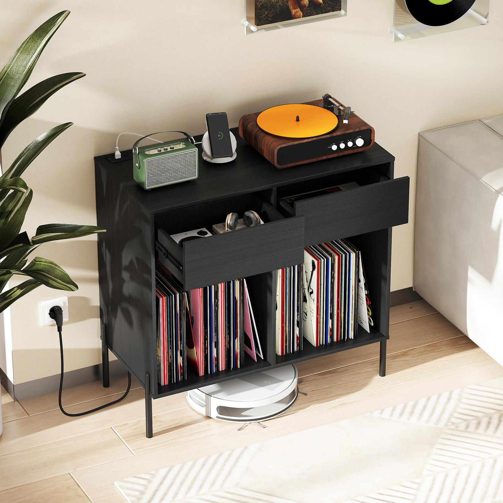 SUGIFT Record Player Stand Power Outlets Double Wide Turntable Stand Vinyl Record Storage Accent Cabinet 220-lb Capacity