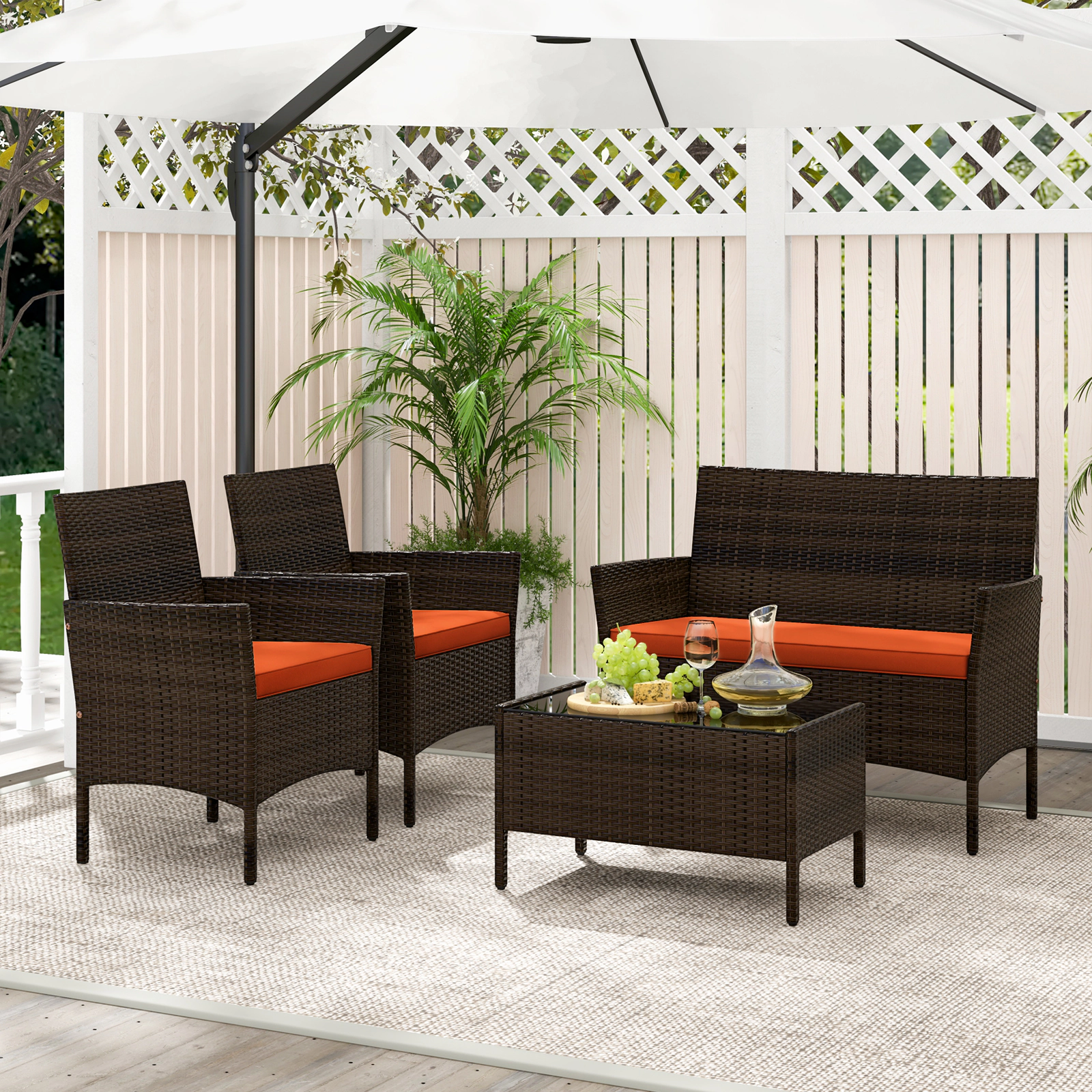 SUGIFT Patio Conversation Set with Cushions 800-lb Loveseat 400-lb Chair Capacity Mix Brown Rattan Orange Cushions