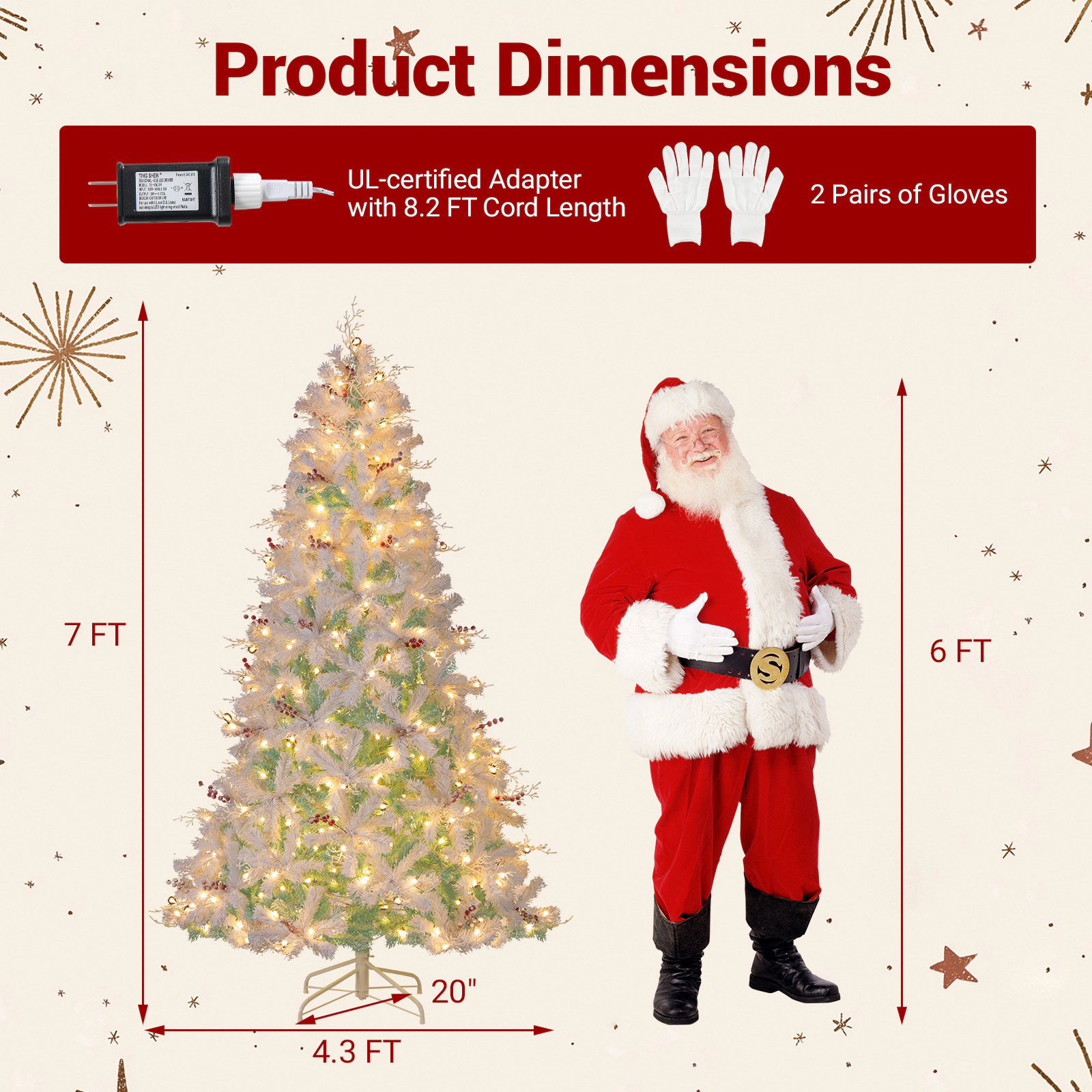 SUGIFT 7 ft Pre-Lit Snow Flocked Christmas Tree White with 350 LED Lights and 41 Red Berry Clusters