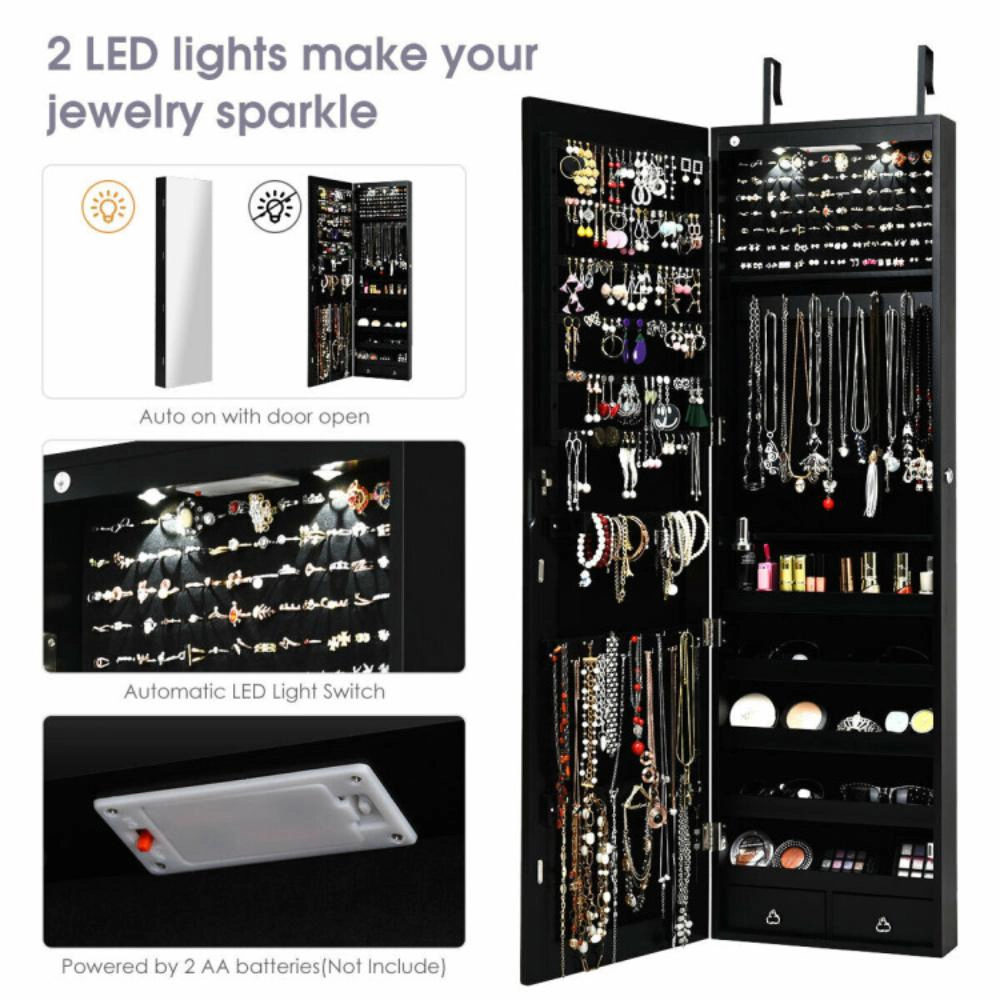 Hivvago Wall and Door Mounted Mirrored Jewelry Cabinet with Lights