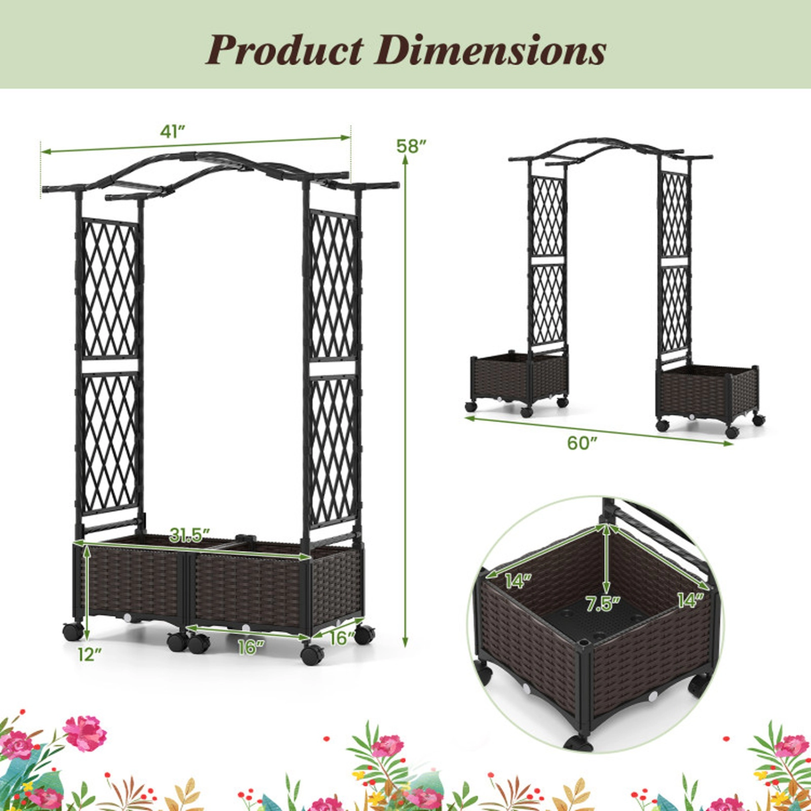 SUGIFT 5-Ft Brown Raised Garden Bed with Lattice Trellis and 2 Self-Watering Planter Boxes 41-in W 16-in D 58-in H