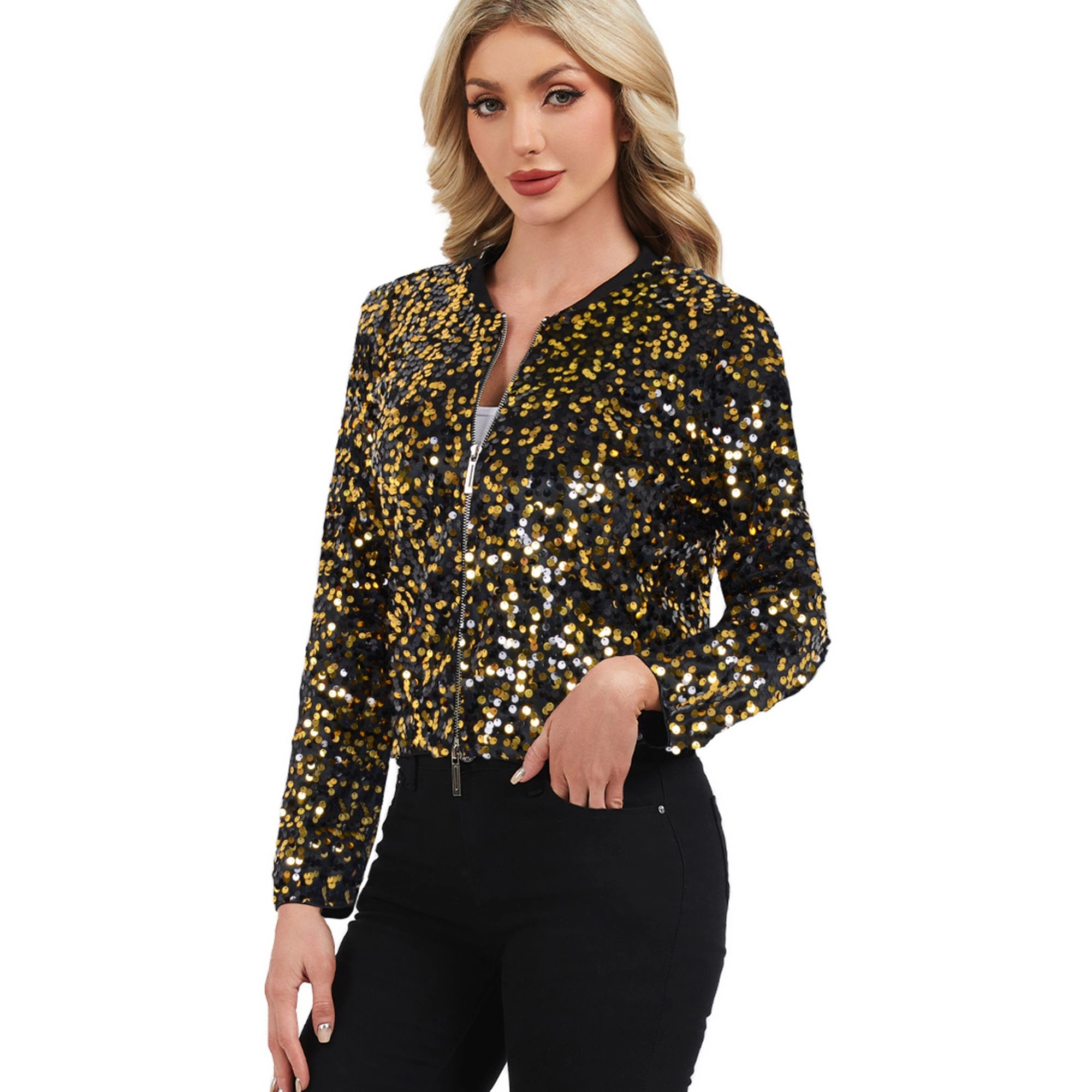 Anna-Kaci Women's Sequin Bomber Jacket with Zipper Front and Ribbed Trim