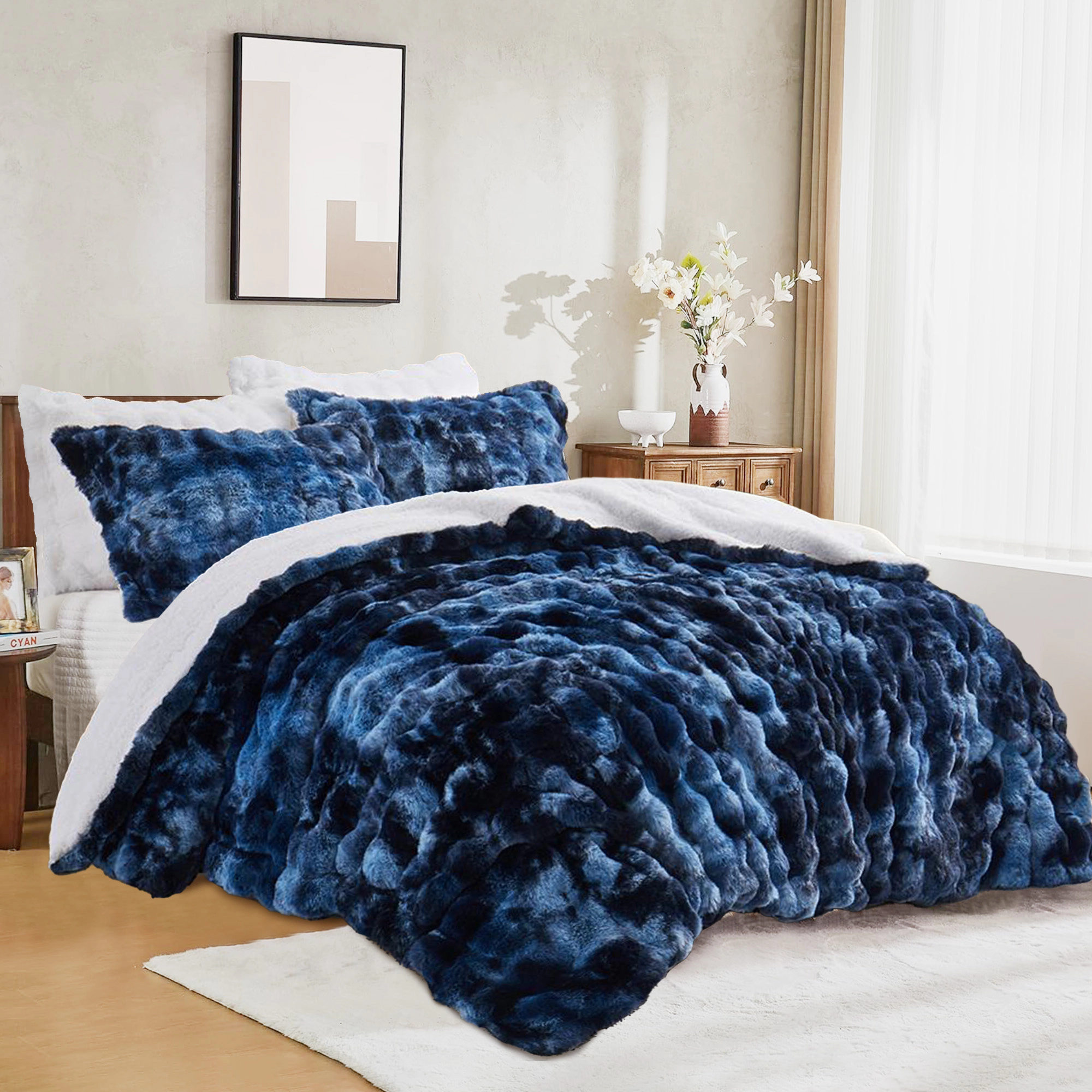 Unikome Dual-Side Fluffy Faux Rabbit Fur Comforter Set, Plush Fuzzy Bedding Set