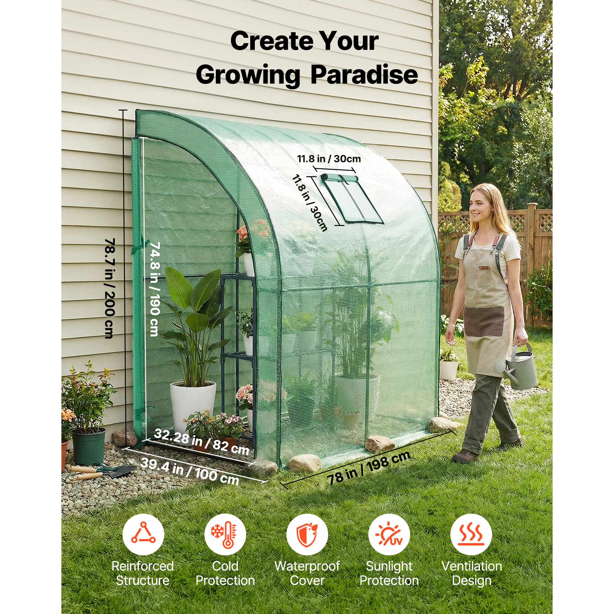 HONGGE Walk-in Green House Greenhouse with Shelves High Strength PE Cover with Zipper Door and Steel Frame Assembly in