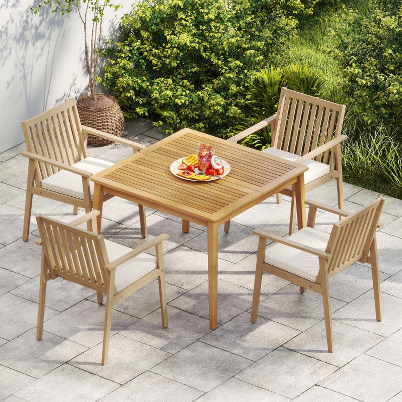SUGIFT Set of 2 Natural Acacia Wood Outdoor Patio Dining Armchairs with Removable Padded Cushions
