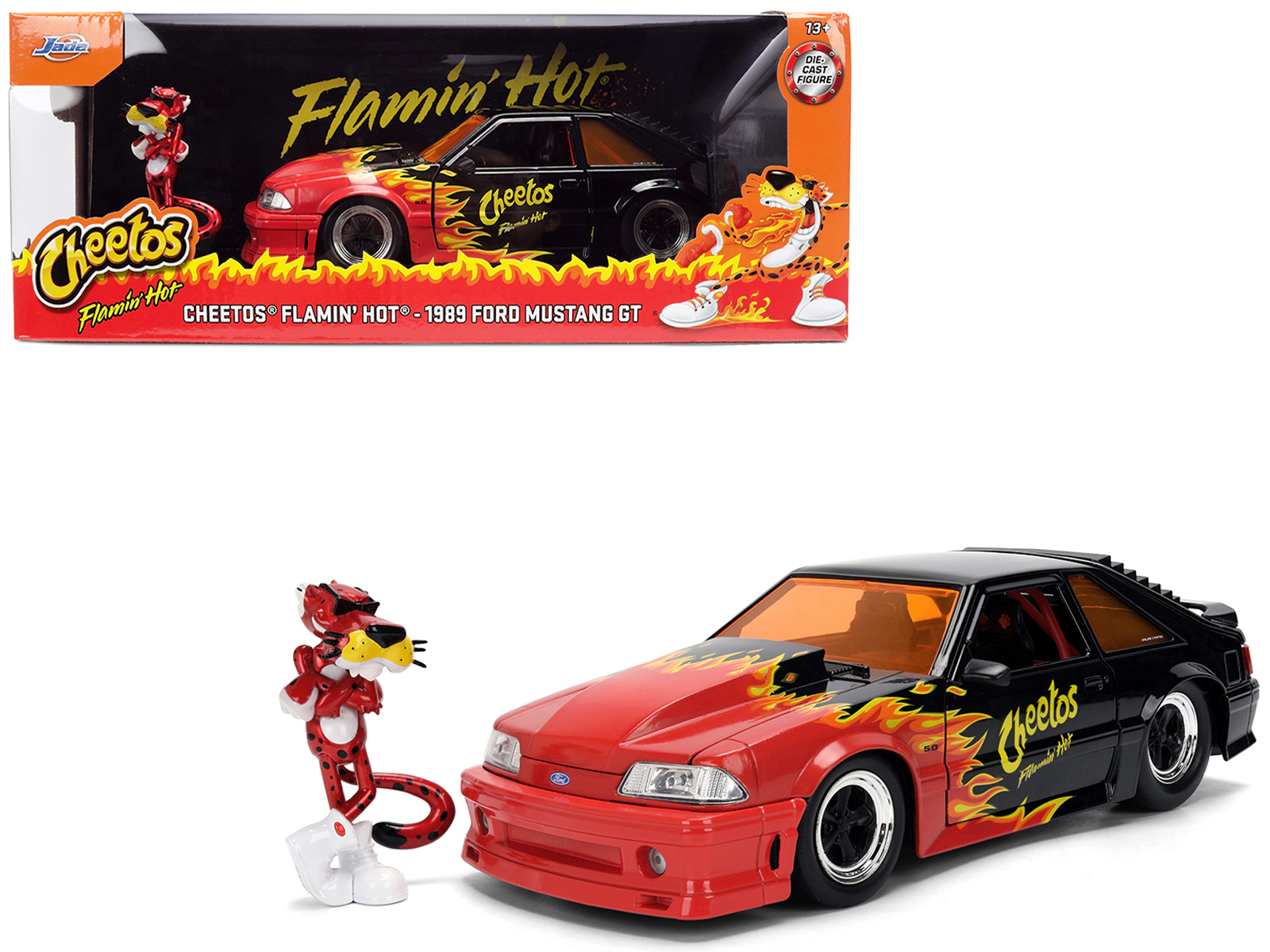 Jada 1989 Ford Mustang GT Black with Red Flame Graphics and Chester Cheetah Diecast Figure "Cheetos Flamin'