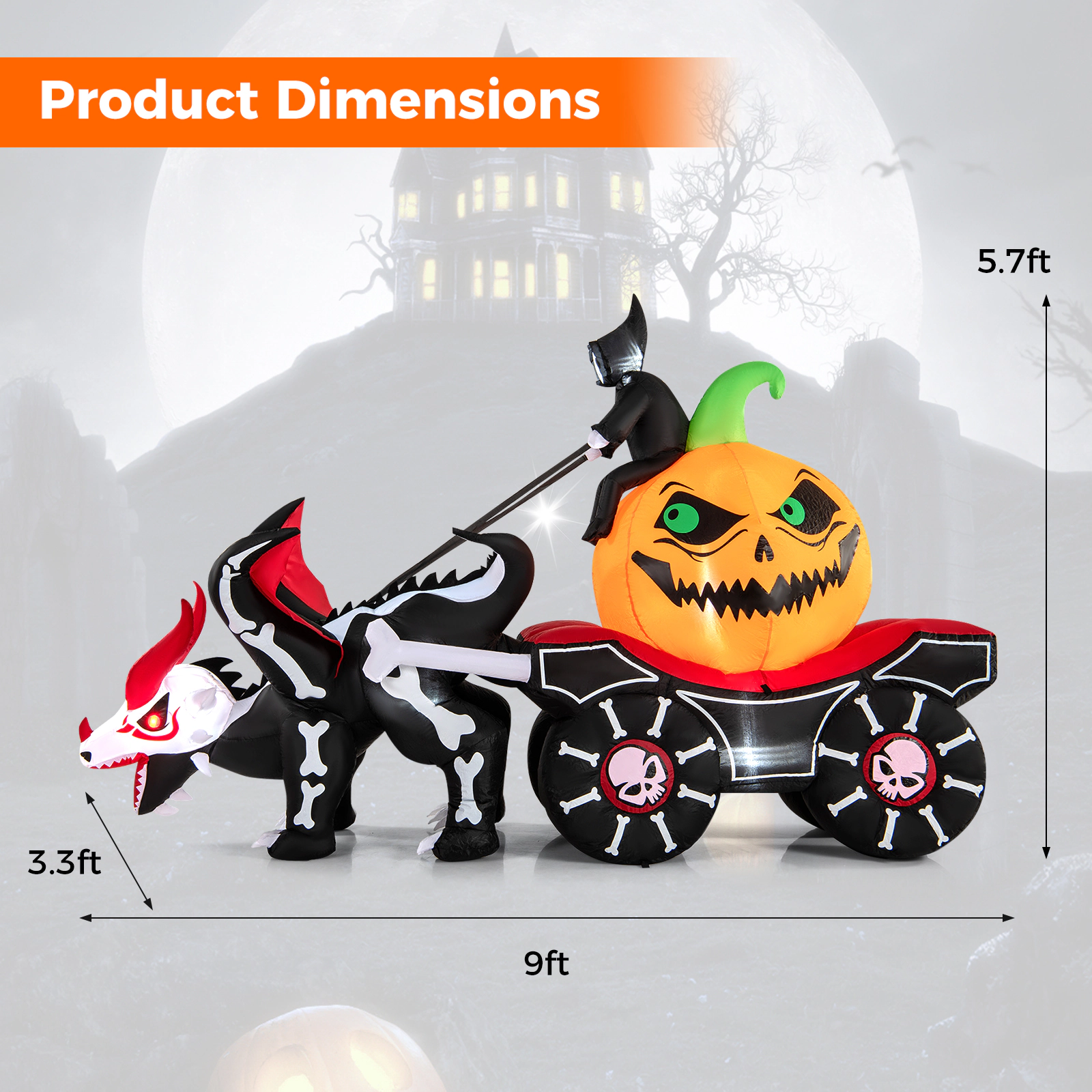 LJG Halloween Inflatable LED Lighted Carriage with Pumpkin and Skeleton Dragon
