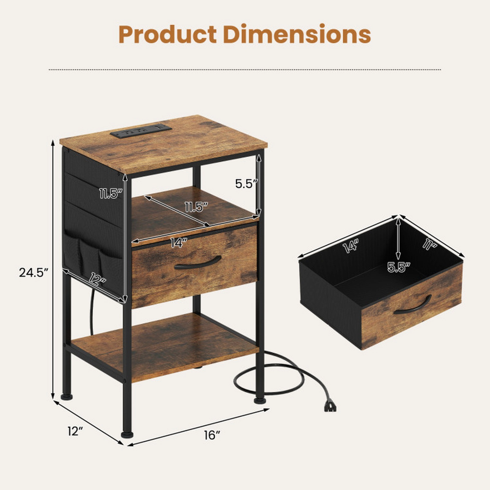 SUGIFT 24.5-in Rustic Brown Metal Nightstand with Charging Station, Fabric Drawer and Side Pocket