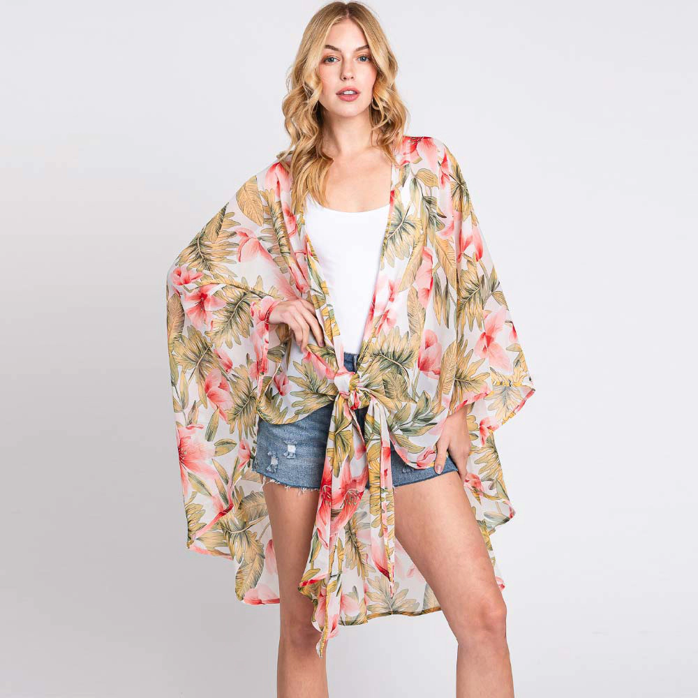 TRUEDAMES Women Tropical Leaves Print Shawl Cover-Up Kimono Poncho