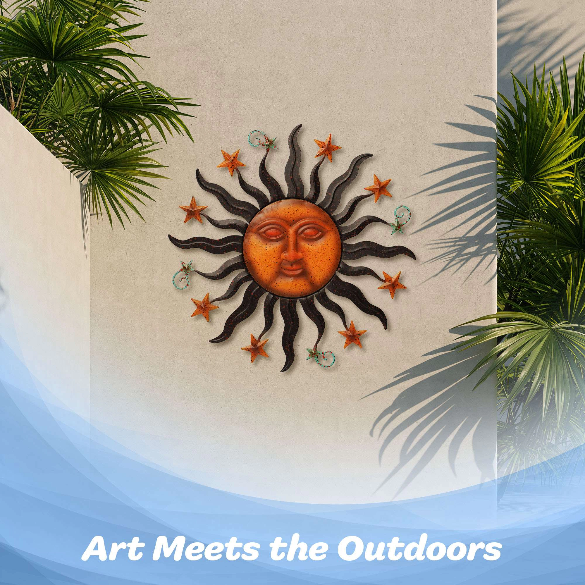 G128 24 in Hand-Painted Metal Sun Face Wall Art - Indoor Outdoor Garden Patio Decor