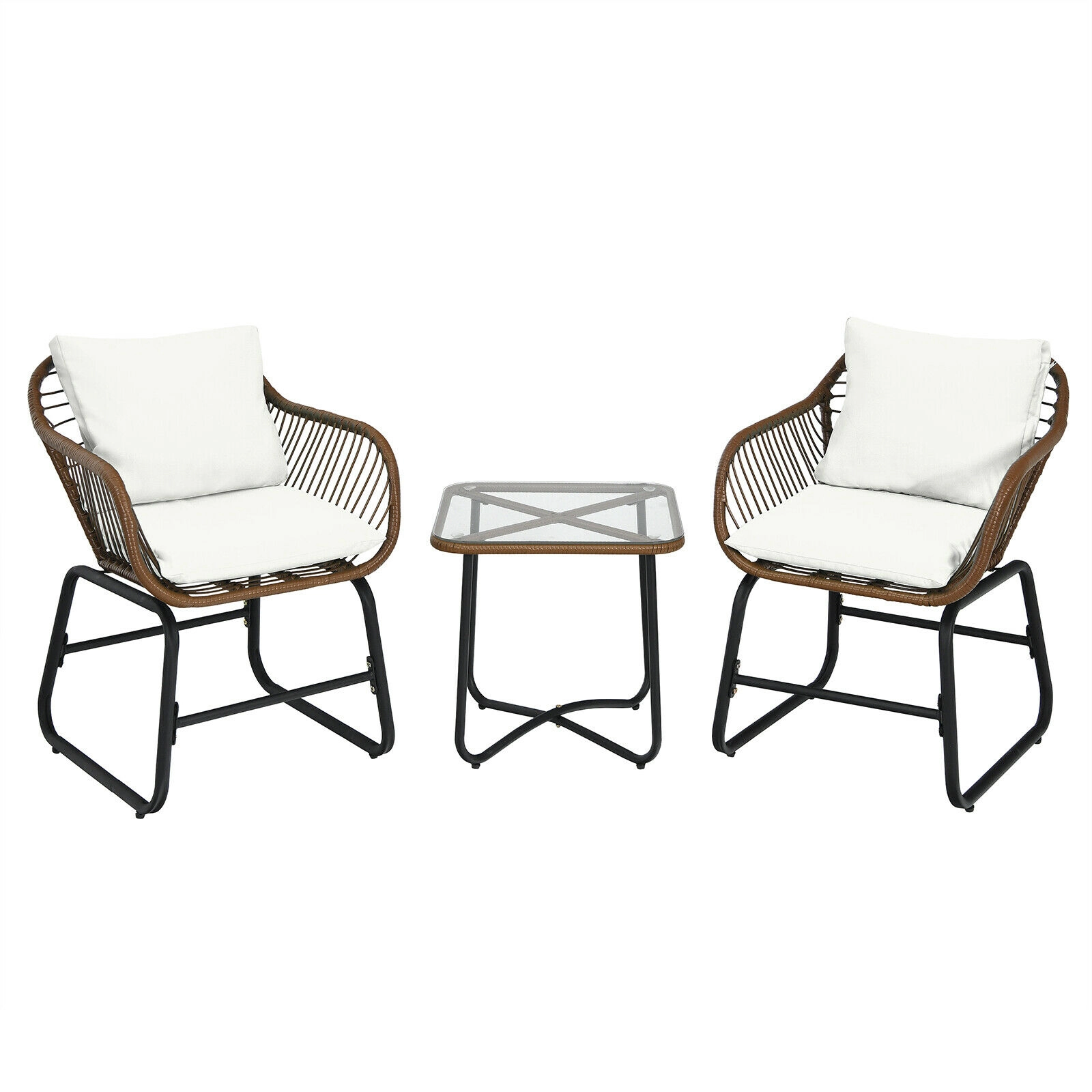 LJG 3 Pieces Patio Rattan Bistro Set Cushioned Chair Glass Table Deck