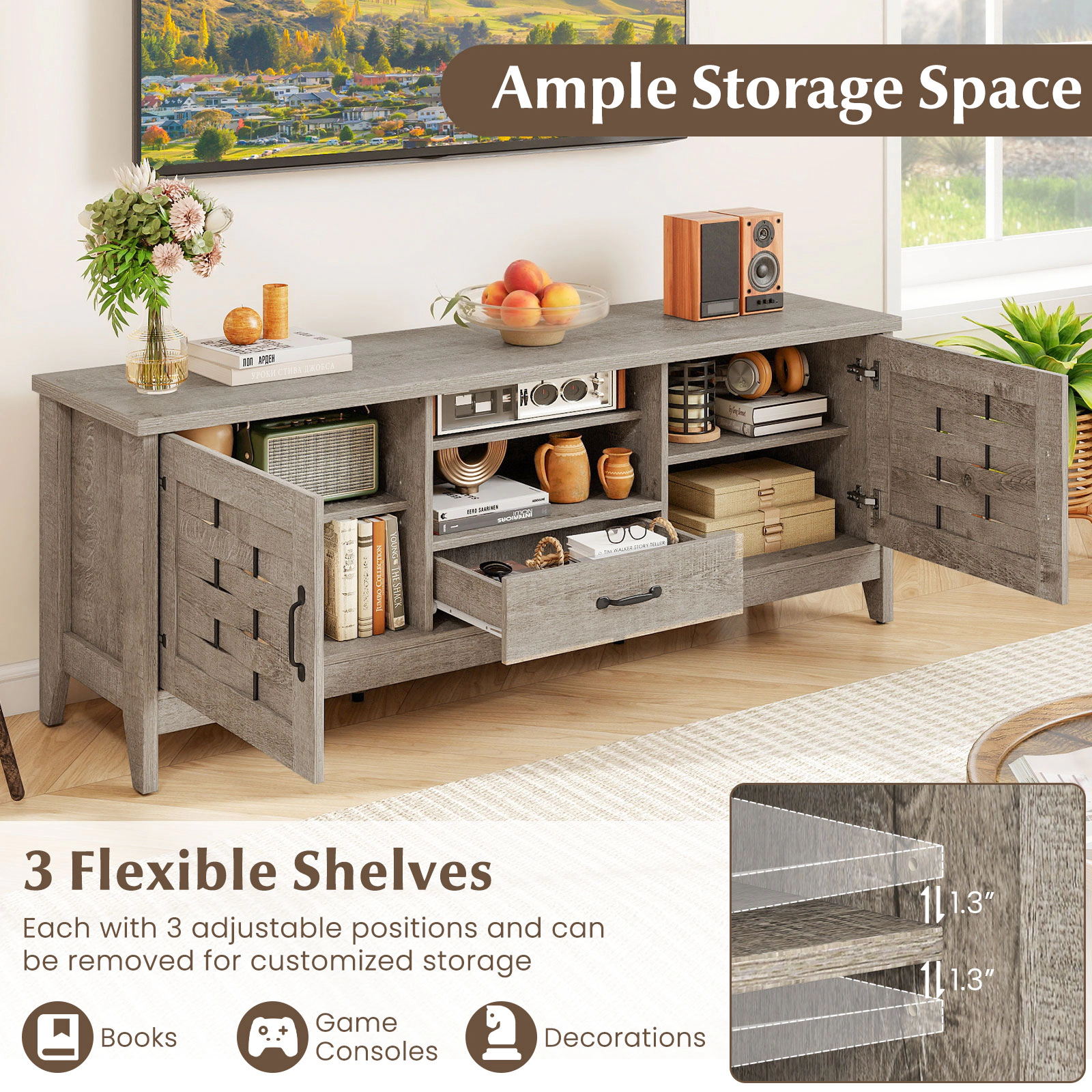 SUGIFT Farmhouse TV Stand for TVs up to 65 in, Woven Doors, Drawer and Adjustable Shelves