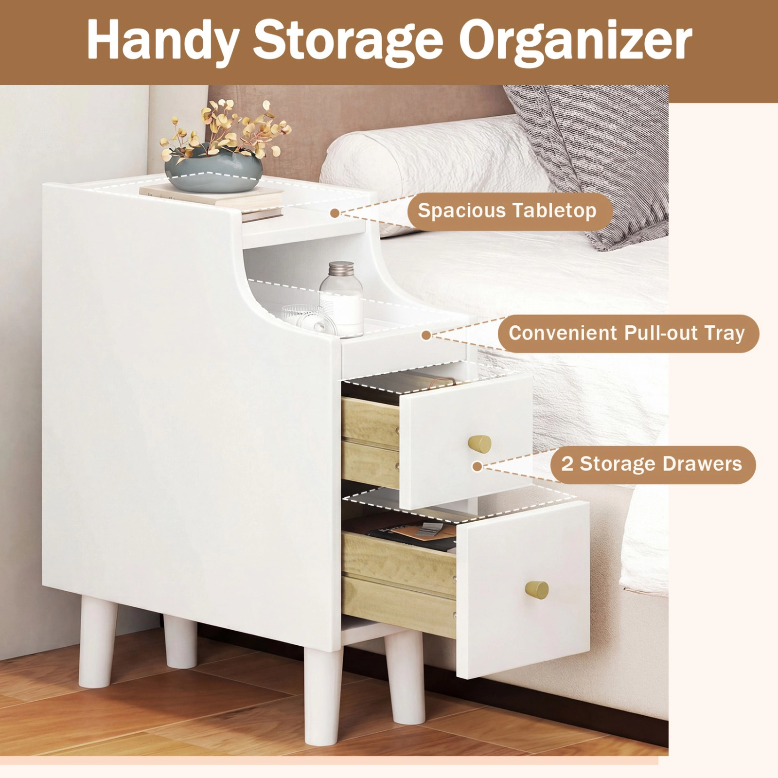 SUGIFT Set of 2 White Narrow Nightstands, 20-Inch Bedside Tables with Pull-Out Trays and 2 Drawers