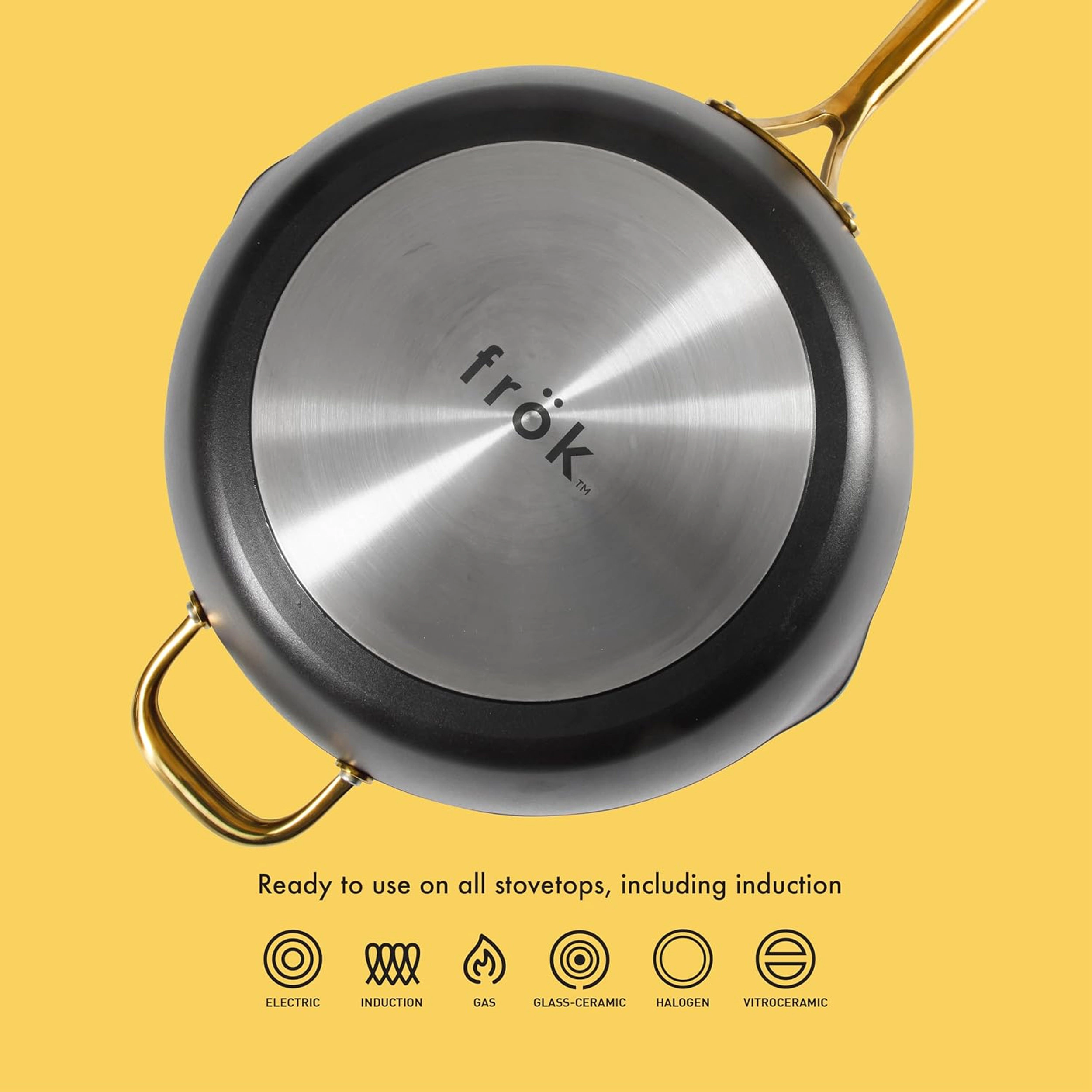 Frok 13 Inch Ceramic Nonstick Aluminum Frying Pan with Lid in Black with Gold Handles
