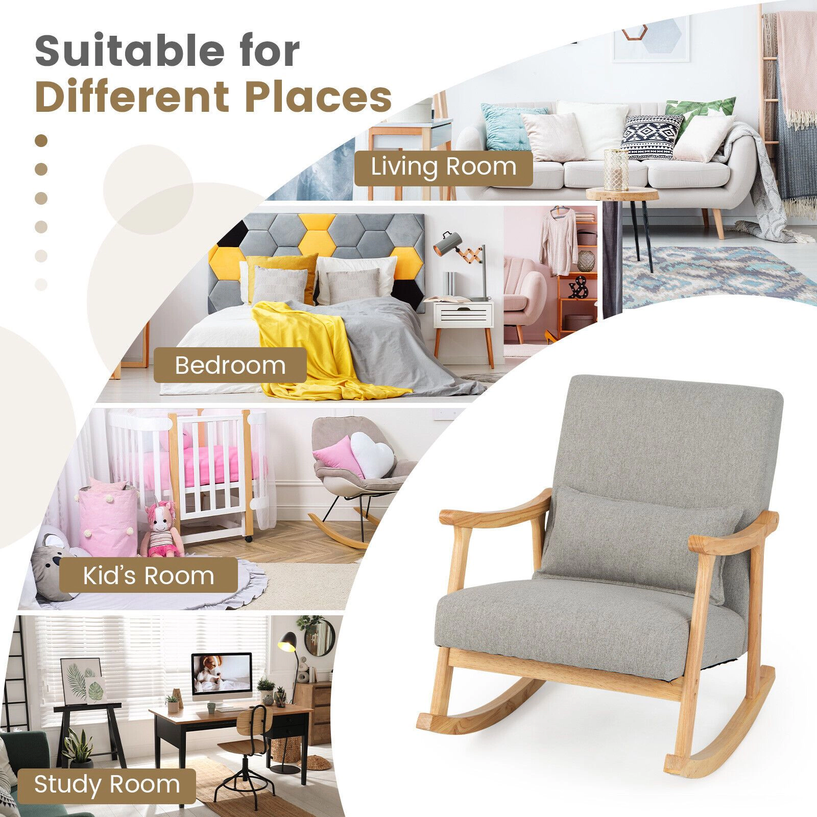 SlickBlue Gray Rocking Chair with Faux Linen Seat & Rubber Wood Frame