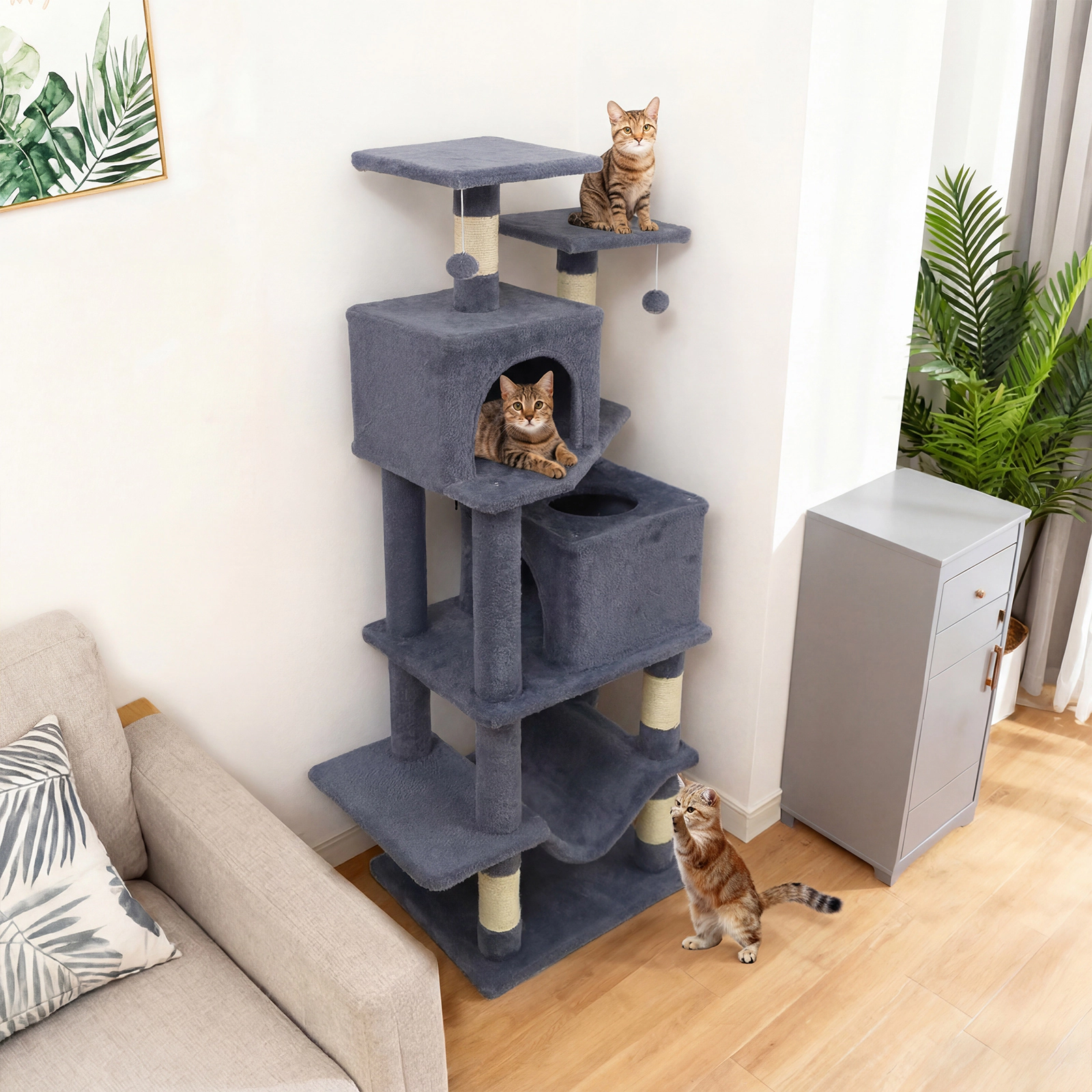 SUGIFT 57-in Gray Cat Tree Tower with Dual Condos Hammock 2 Perches Sisal Posts and Anti-Tipping Kit
