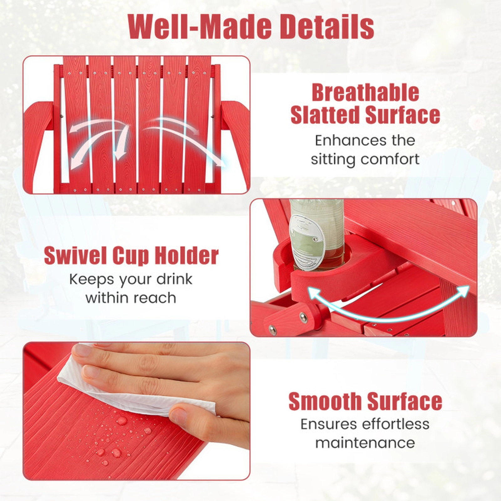 SUGIFT Set of 2 330-lb Capacity Red 5-Level Reclining Folding HIPS Adirondack Chairs with Swivel Cup Holder