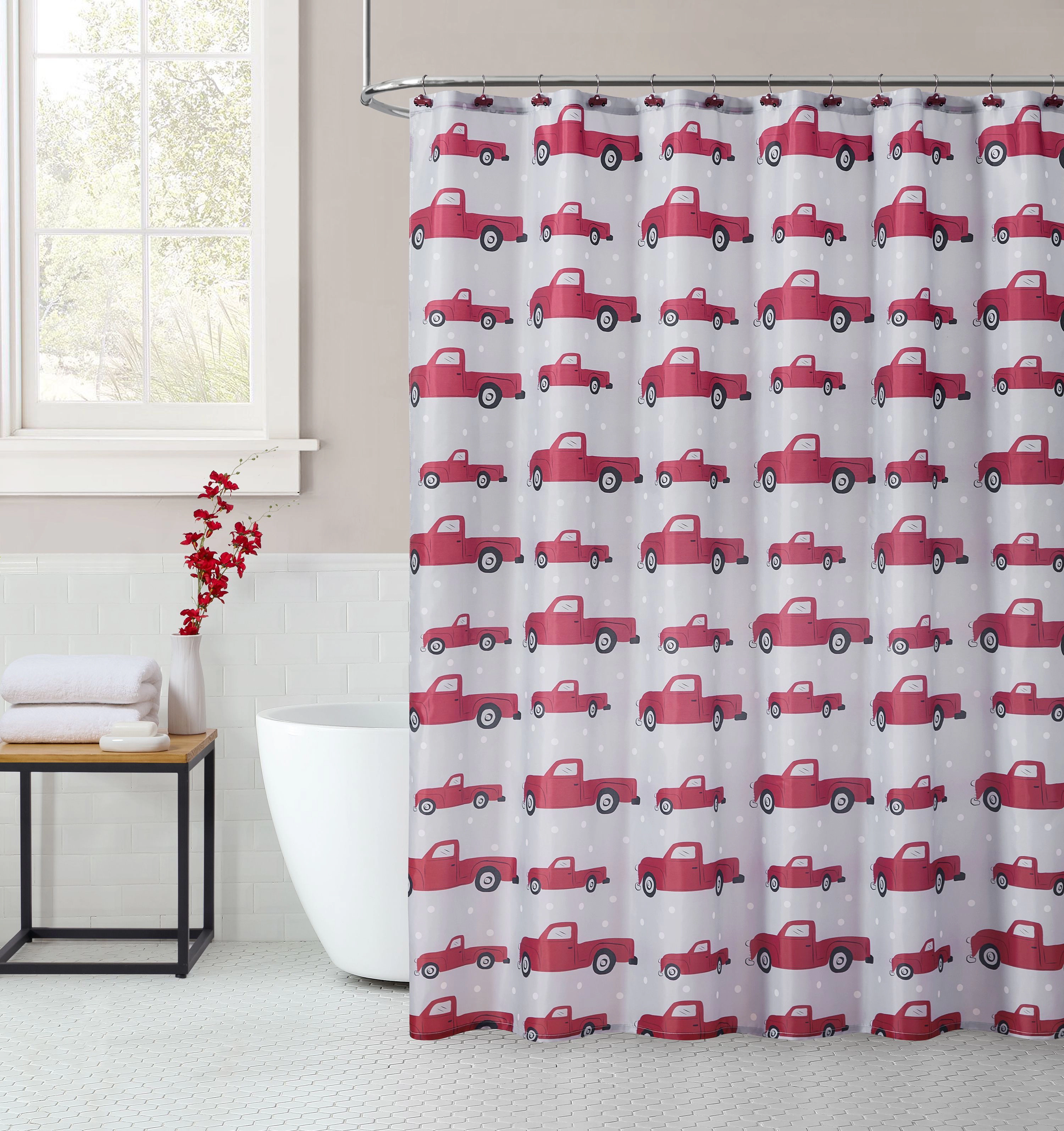 Kate Aurora Tis' The Season Holiday Christmas Trucks Fabric Shower Curtain With 12 Matching Hooks
