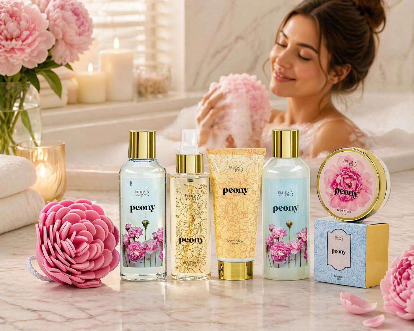 Freida & Joe Peony Bath & Body Spa Gift Set in Yellow Basket