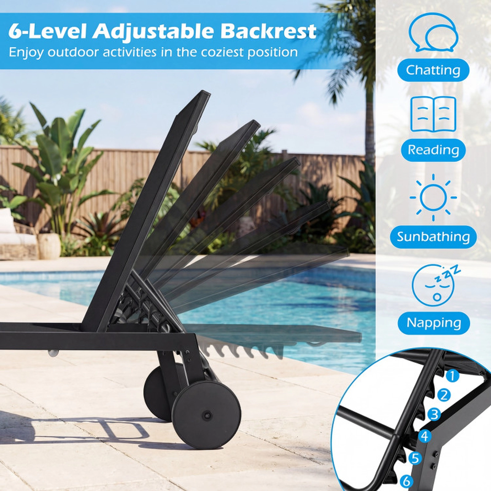 SUGIFT Patio Chaise Lounge Chair with Wheels and 6-Level Adjustable Backrest 330-lb Capacity Set of 2 Black