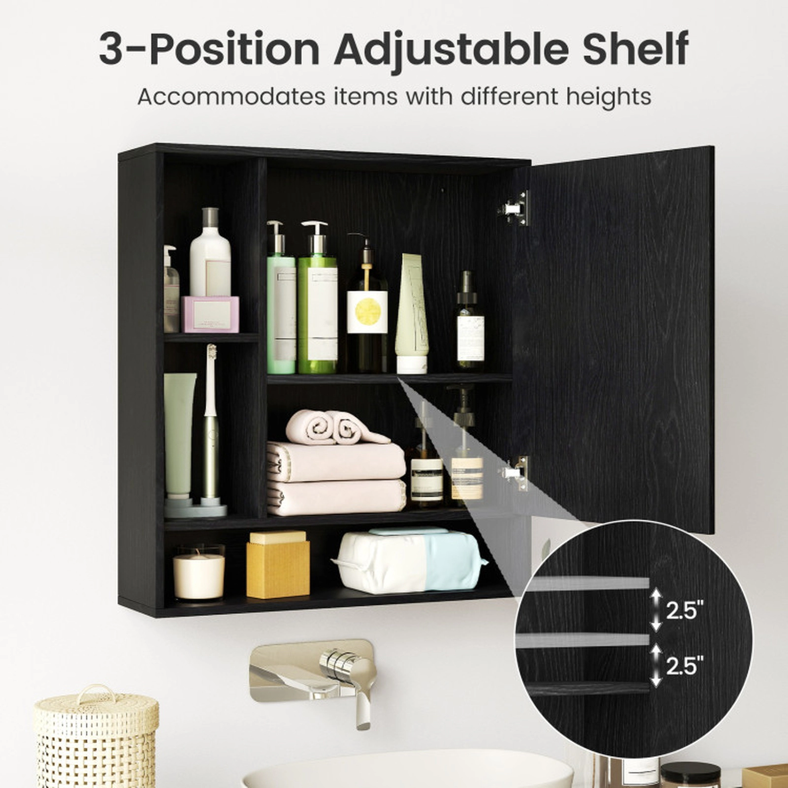 SUGIFT Black 176-lb Capacity Wall Mounted Bathroom Mirror Cabinet with Single Door and Open Shelves