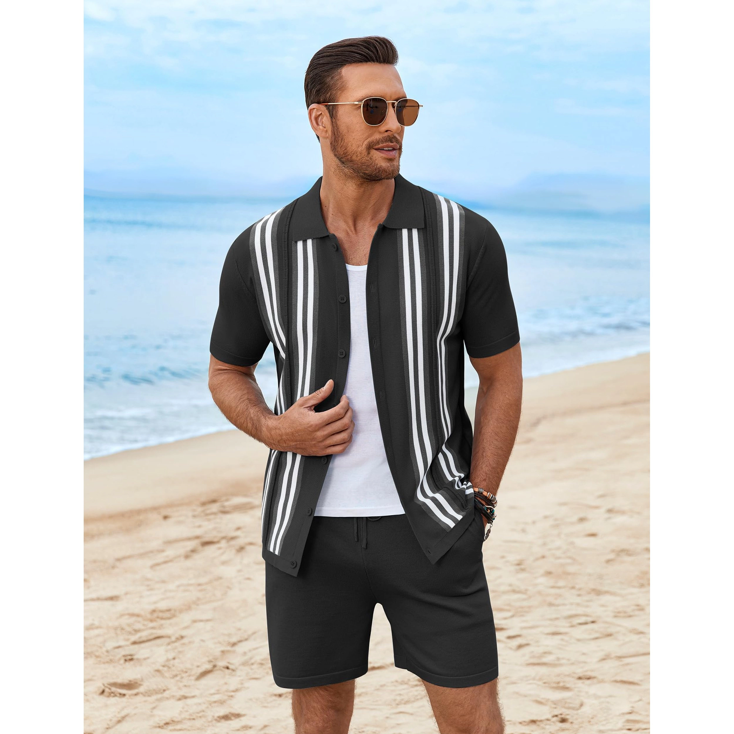COOFANDY Men's Regular Fit Collar Neck Short Sleeve Shirt and Shorts Two Piece Set