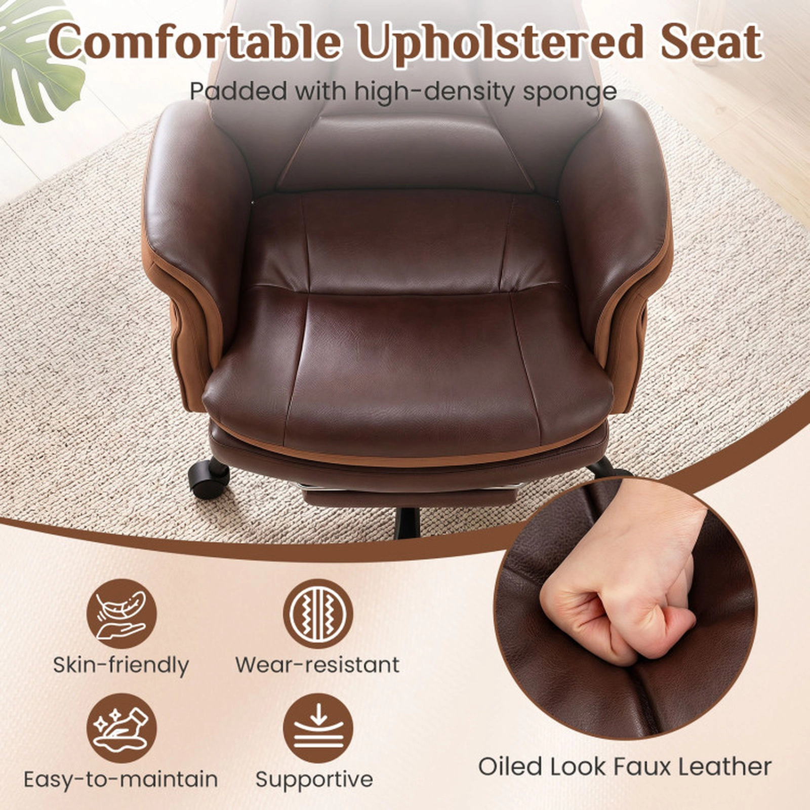 SUGIFT Brown Retractable Footrest and Faux Leather Ergonomic Big and Tall Office Chair