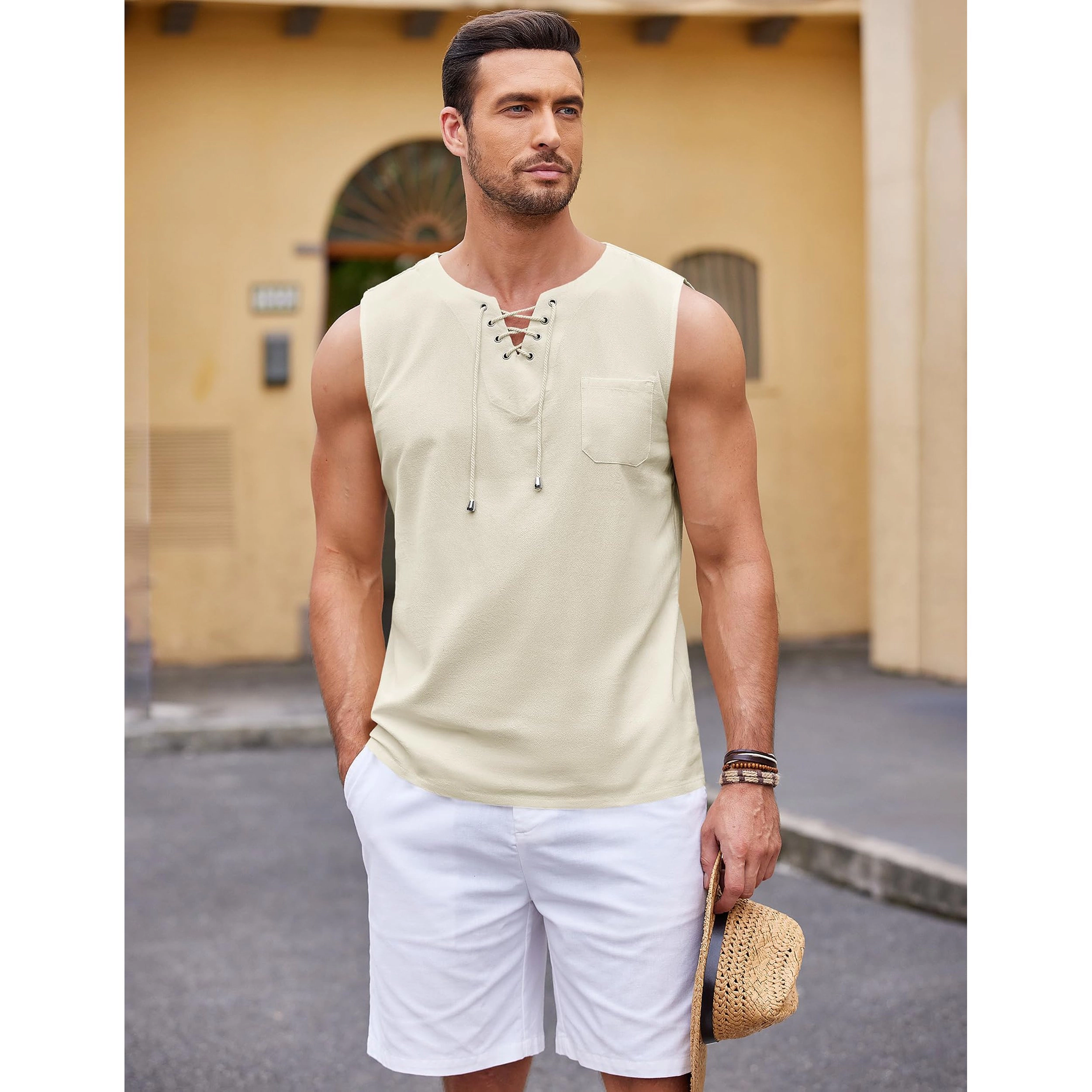 COOFANDY Men's Regular Fit Lace-Up Henley Neck Sleeveless Tank Top