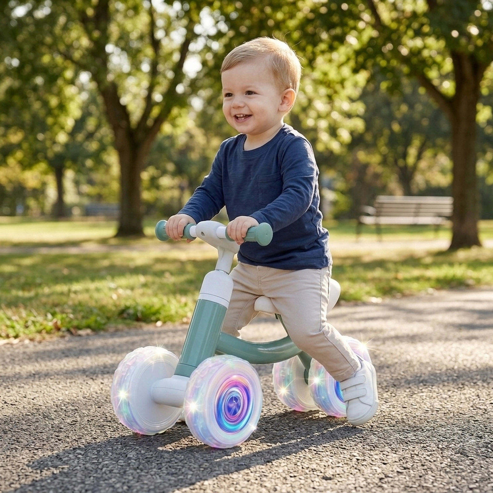 Baby Balance Bike Light-Up Wheels 3-Level Adjustable Handlebar and Seat 45-Degree Steering Limit 12-36 Months Green