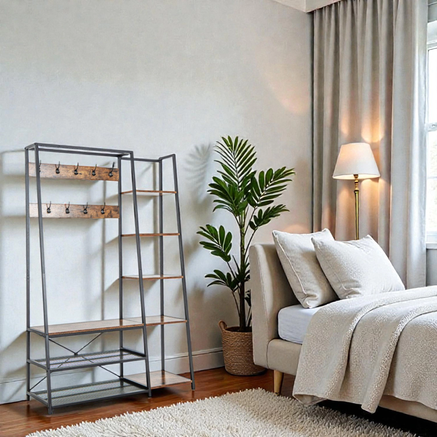 Hivvago Hallway Storage Bench Tree with 9 Hooks and 5-Way Organization System