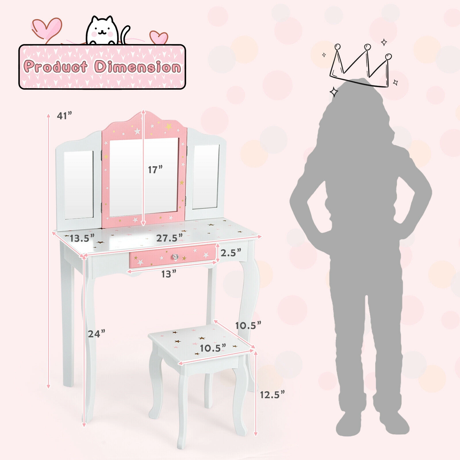 SUGIFT Kids Princess Vanity Table and Stool Set, 180-Degree Tri-Fold Mirror, Detachable Desk and Drawer