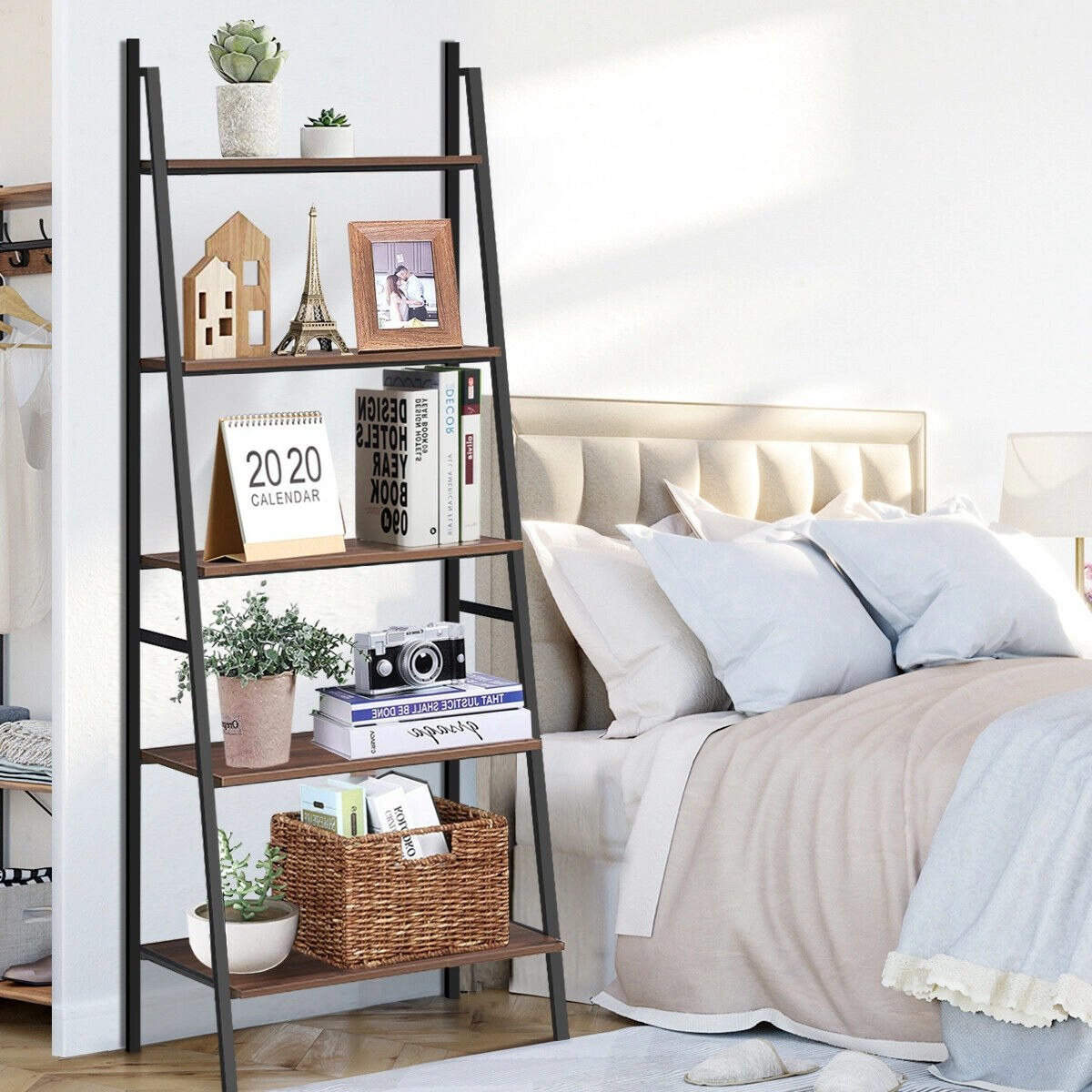 SUGIFT Brown 5-Tier Leaning Bookshelf 71 in Wood and Metal Trapezoidal Bookcase