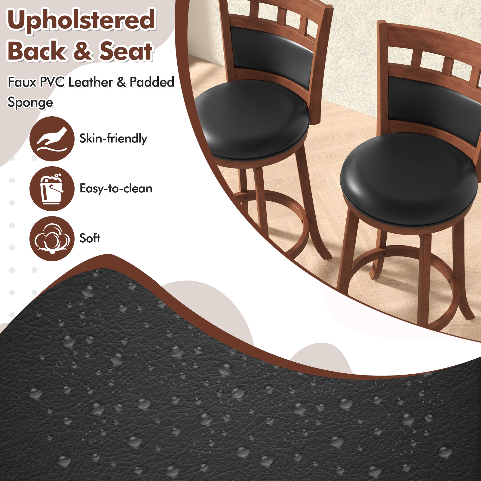 Glintex 2-Piece 31-Inch Swivel Bar Stool Set with Faux Leather Back and Seat, Espresso