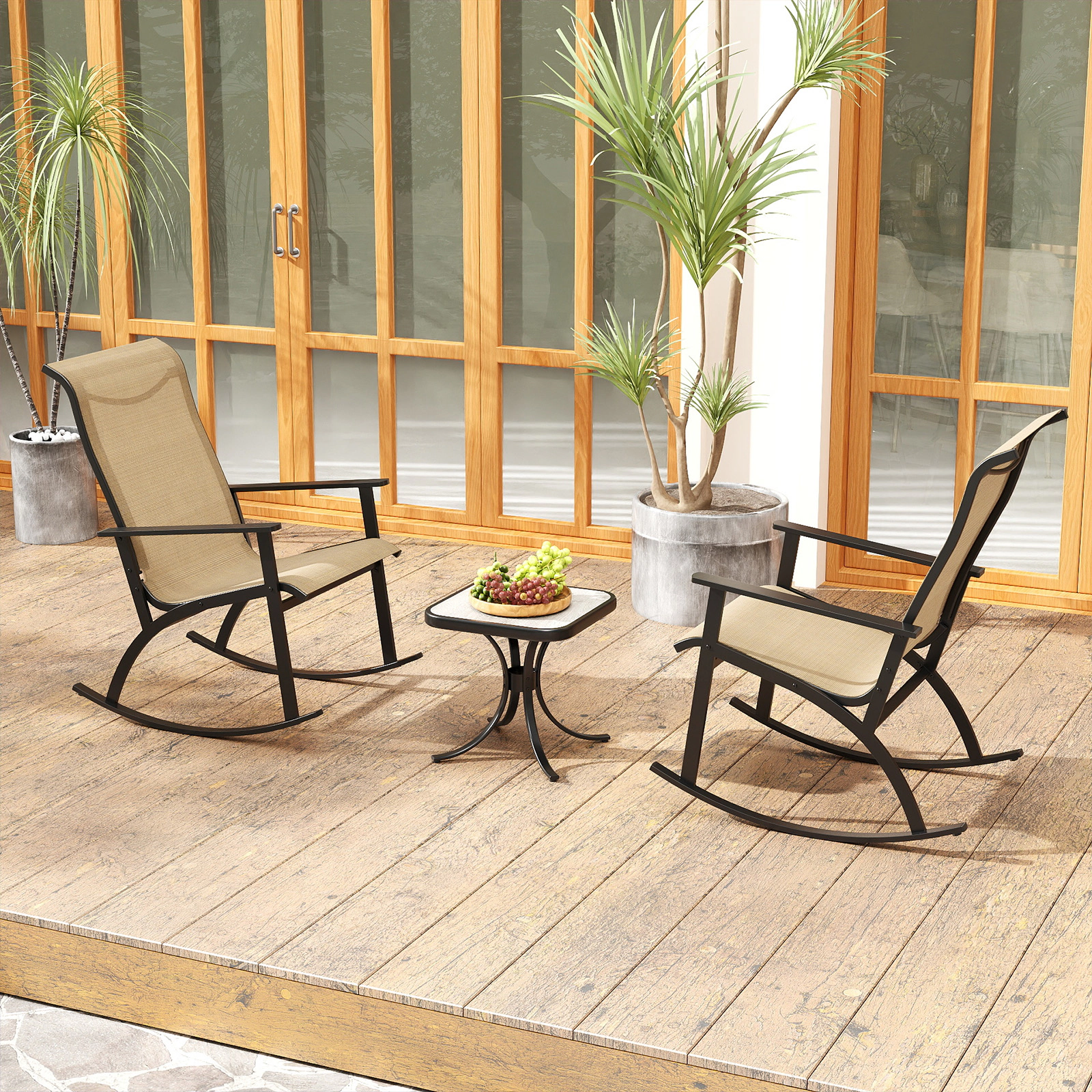 SUGIFT 3-Piece High-Back Outdoor Rocking Chair Set with Composite Side Table