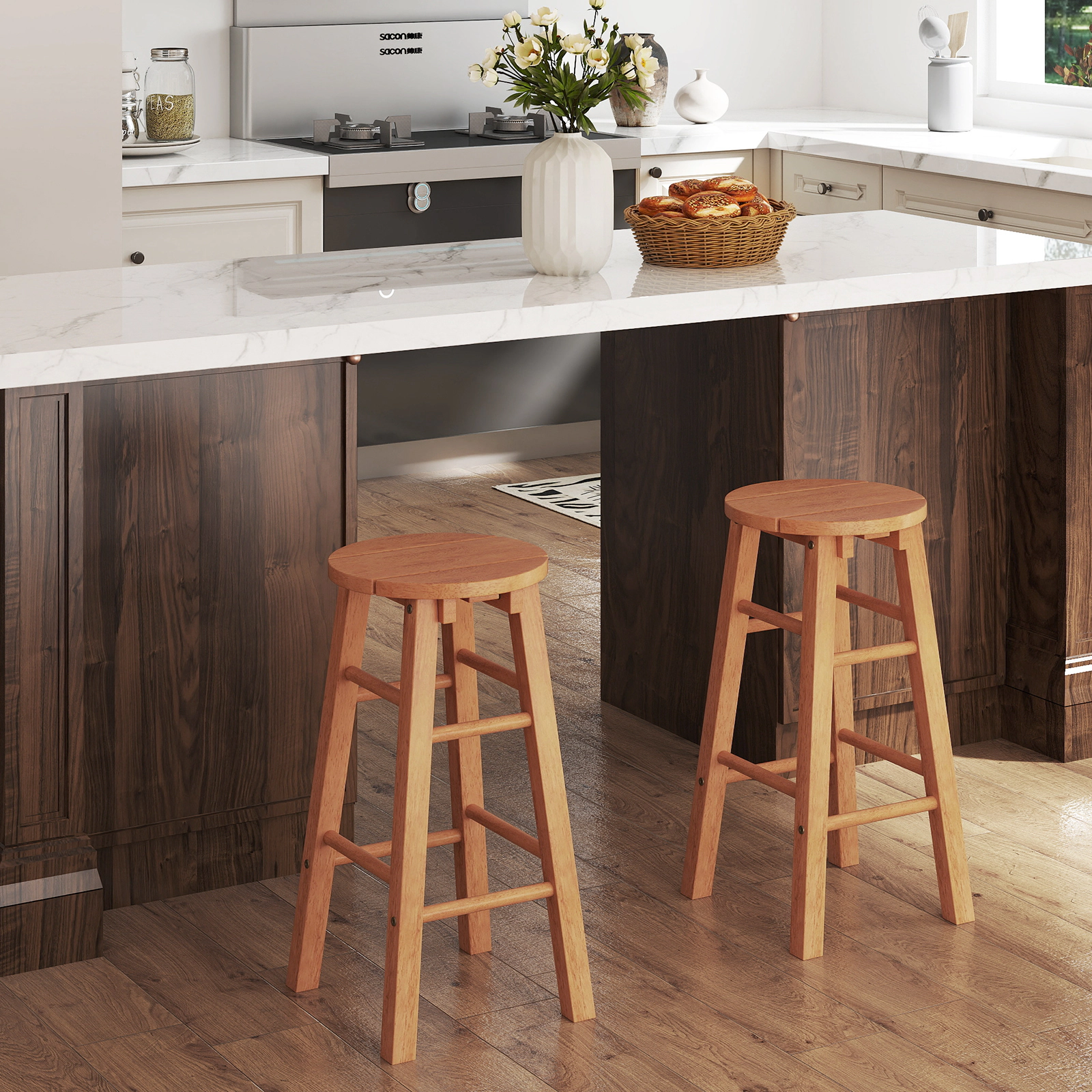 LJG 24-Inch Outdoor Wood Bar Stools Set of 2 with Round Seat and Footrest