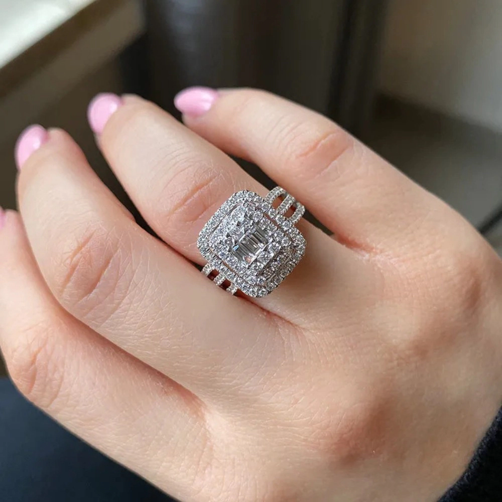 Wardrobe Whimsy Emerald Cut Cubic Zirconia Double Halo Split Shank Engagement Ring for Women