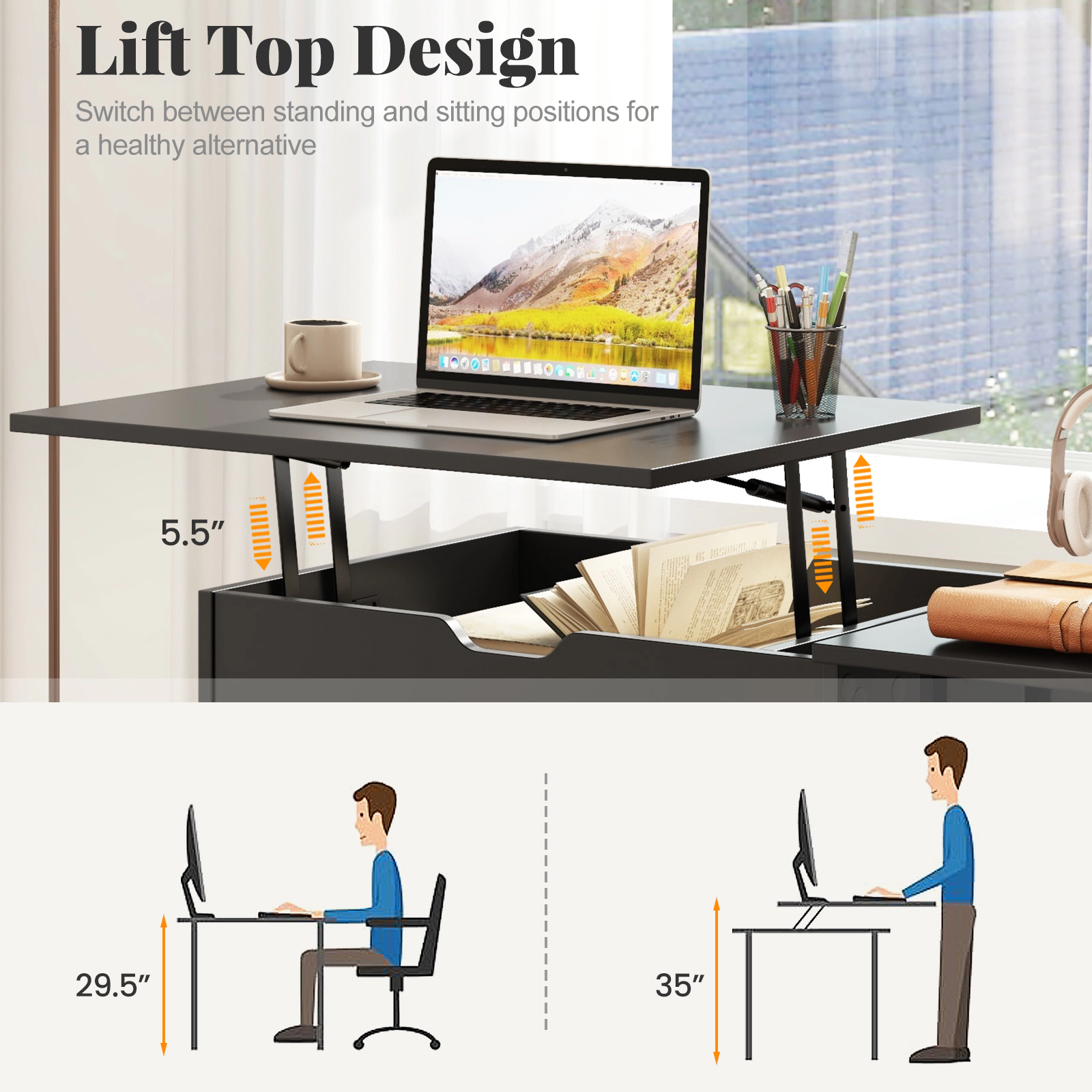 SUGIFT 39.5 in Computer Desk Black Lift Top with Hidden Compartment and Storage Shelves