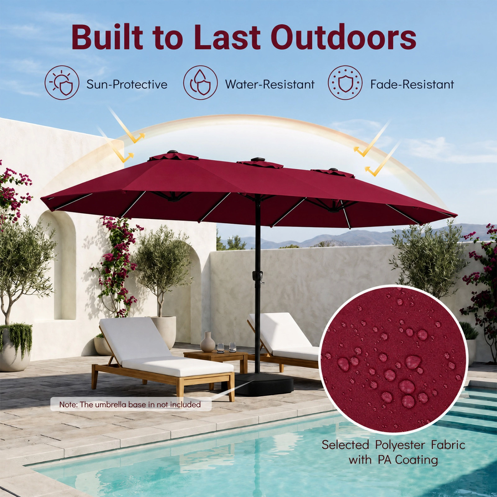 SUGIFT 15.5-ft Red Rectangular Patio Umbrella with 144 Solar LED Lights, 12 Ribs and Crank Lift