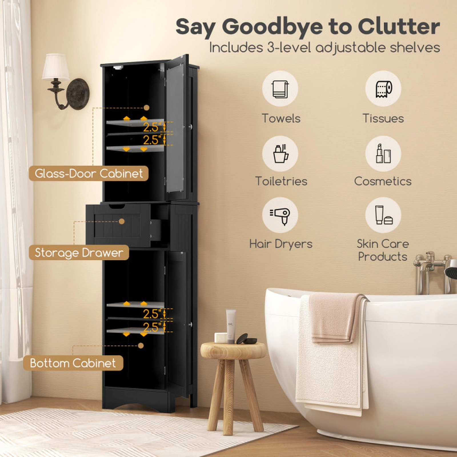 SUGIFT Slim Tall Floor Storage Cabinet with 2 Doors and 1 Drawer 33-lb Shelf Capacity Bathroom Storage Black