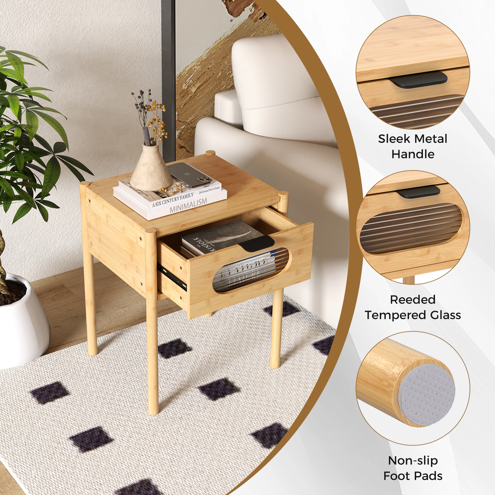 Hivvago Bamboo Nightstand Square Tall End Table with Decorated Drawer-Natural