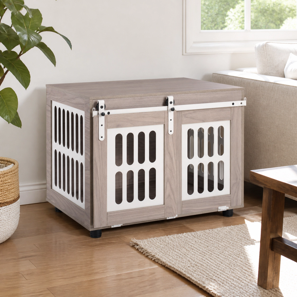 SUGIFT Gray Dog Crate Furniture with Sliding Barn Door Side Metal Windows and Locking Knobs for Dogs