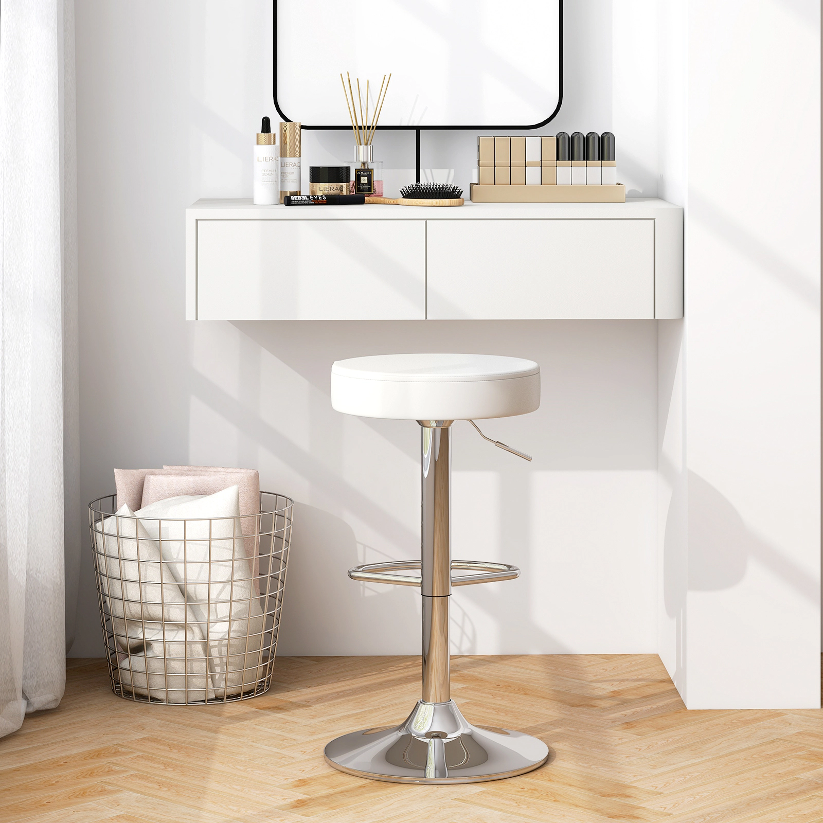 Glintex 2-Piece Round Adjustable Swivel Bar Stool Set with Chrome Footrest, White
