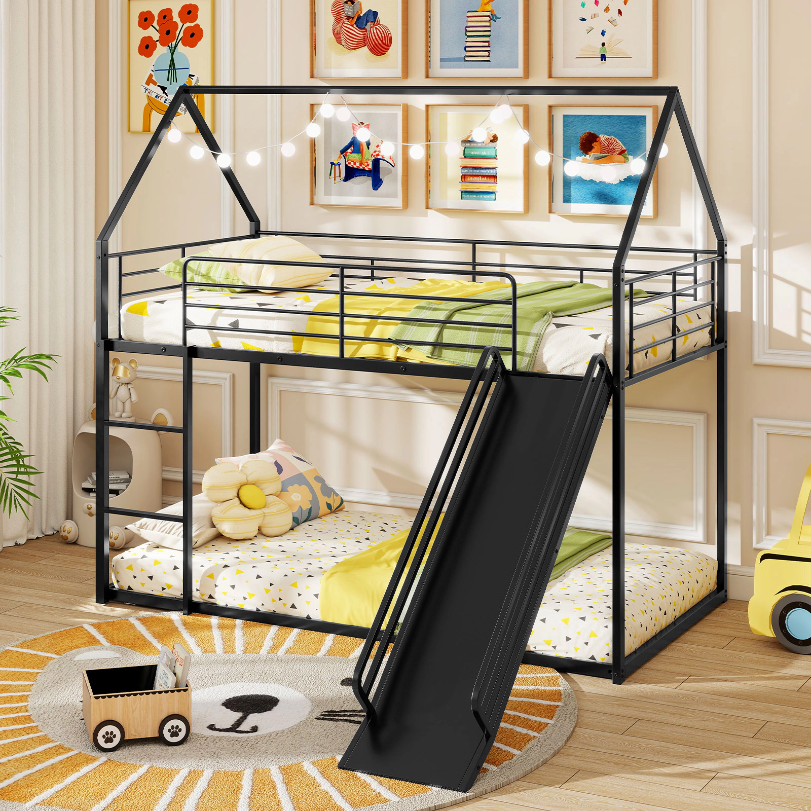 SUGIFT House-Shaped Metal Twin Over Twin Low Bunk Bed with Slide 250-lb Upper Bunk Capacity Black/White