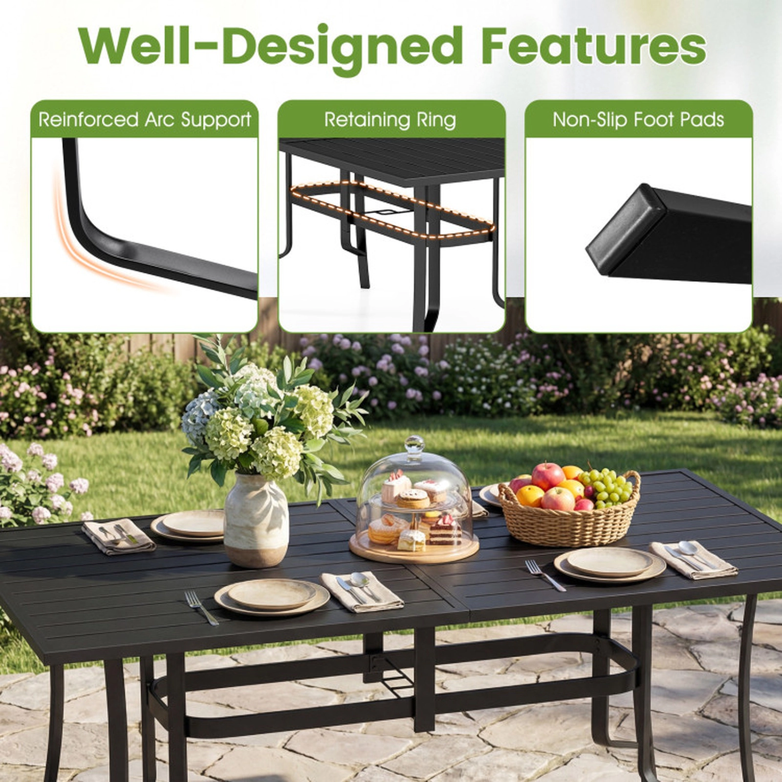 SUGIFT 6-Person Metal Slat Top Umbrella Hole Rectangle Patio Dining Table 63-in x 33-in x 29-in 330-lb Capacity Black