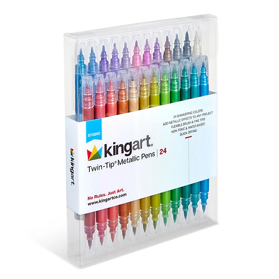 KINGART Twin-Tip Metallic Brush & Fine Pens - 24 Shimmering Water-Based Colors