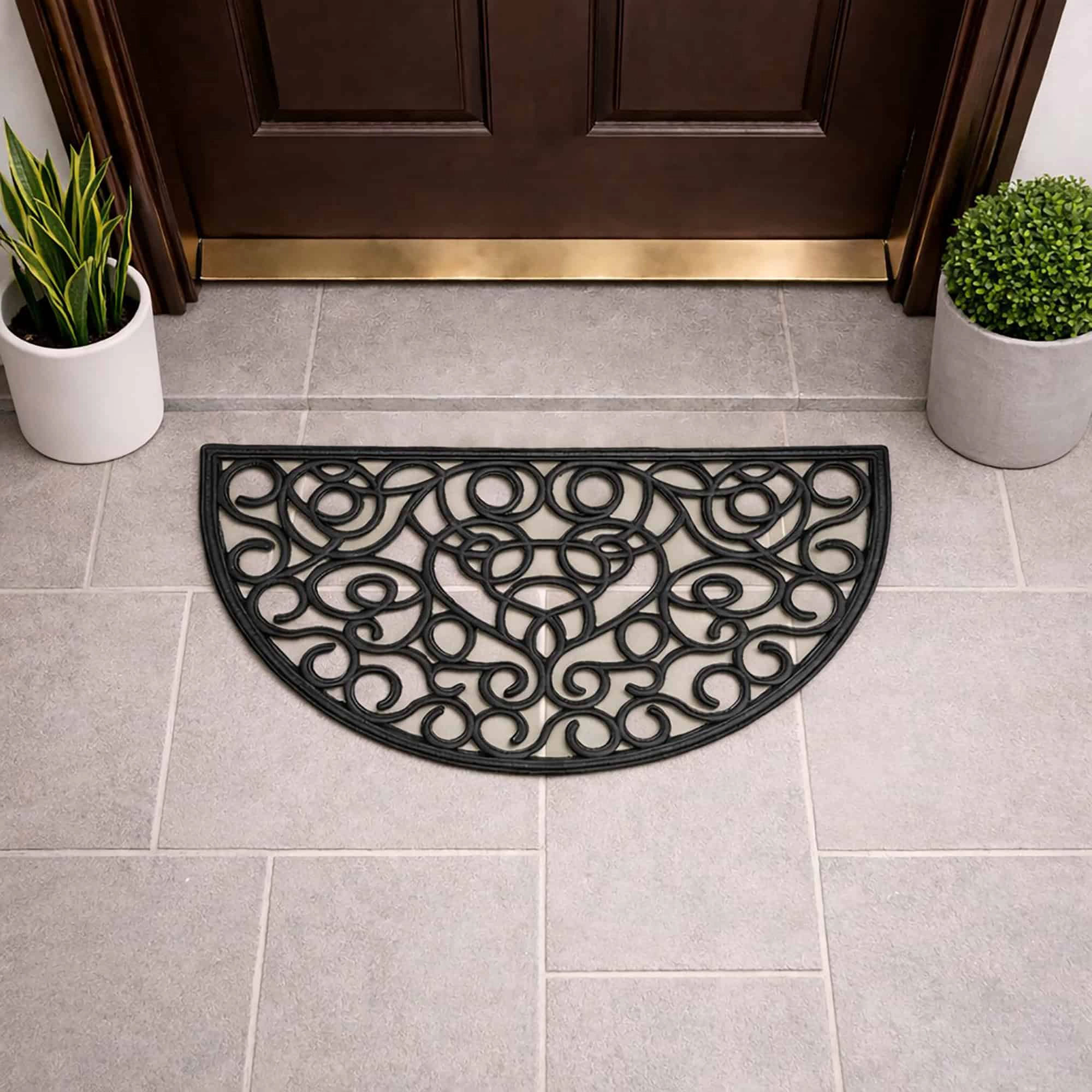 Evideco French Home Goods Black Half Round Scroll Rubber Doormat 30 x 18 Inches